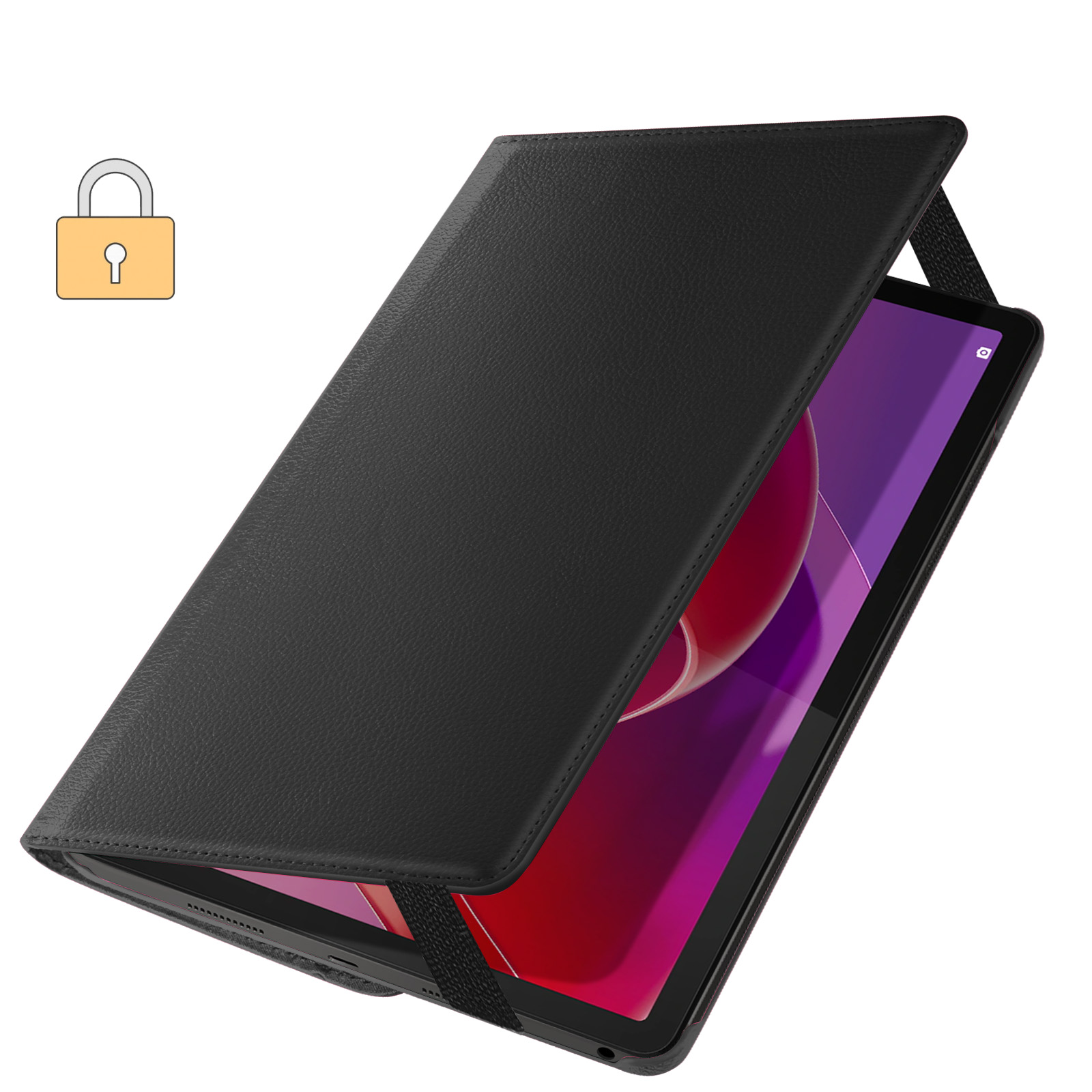 Custodia per tablet nera con il tablet all'interno, coperta da una cover nera, isolata su bianco.