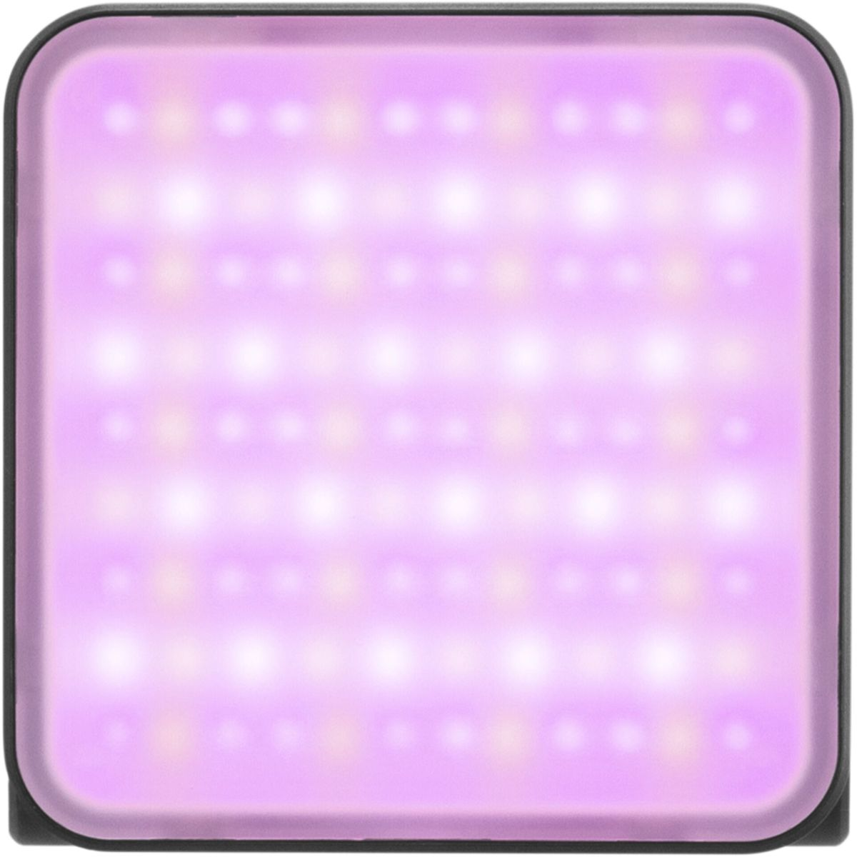 Pannello LED quadrato viola con luci bianche, cornice nera.