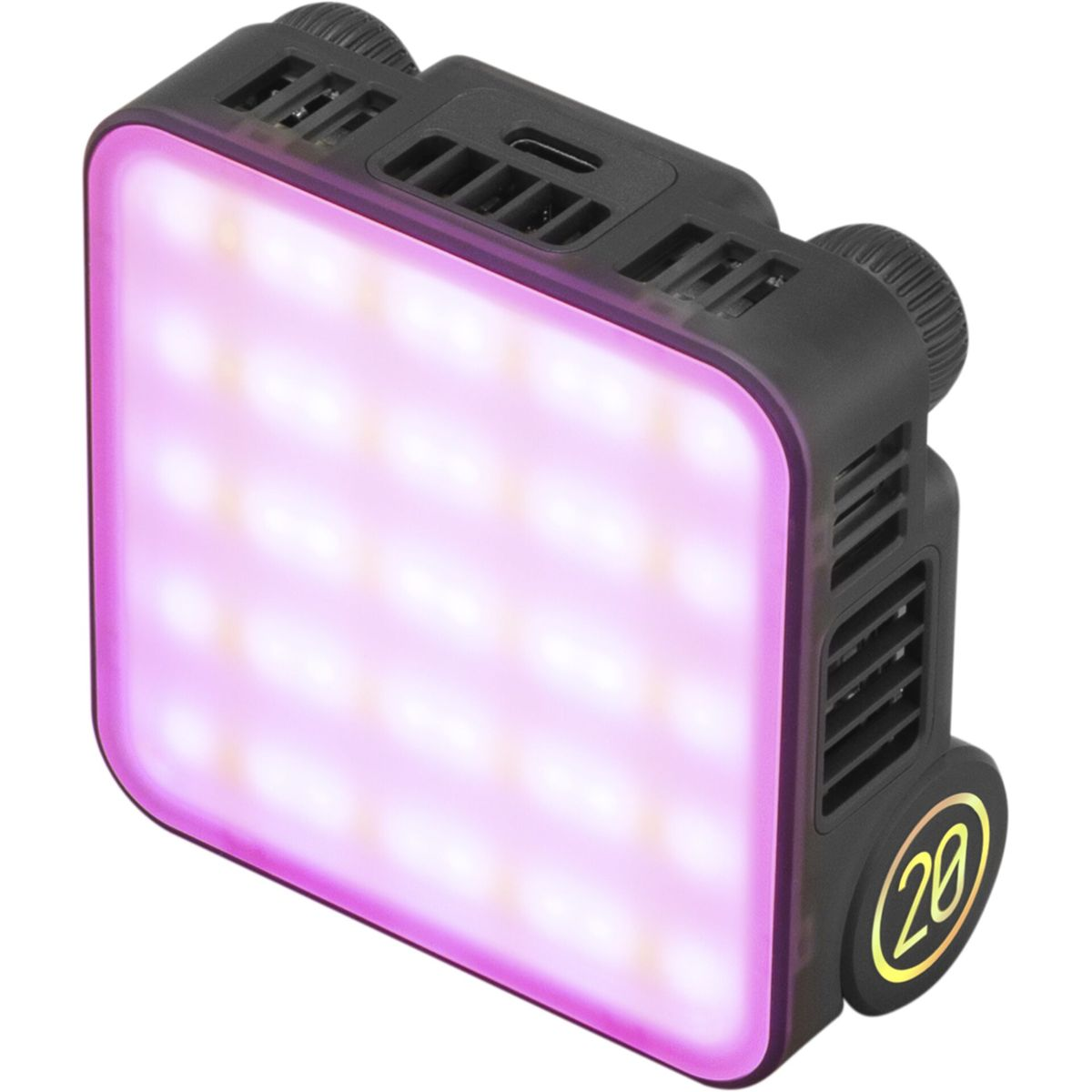 Luce LED quadrata con cornice rosa e custodia nera. Ha un quadrante con il numero 20.