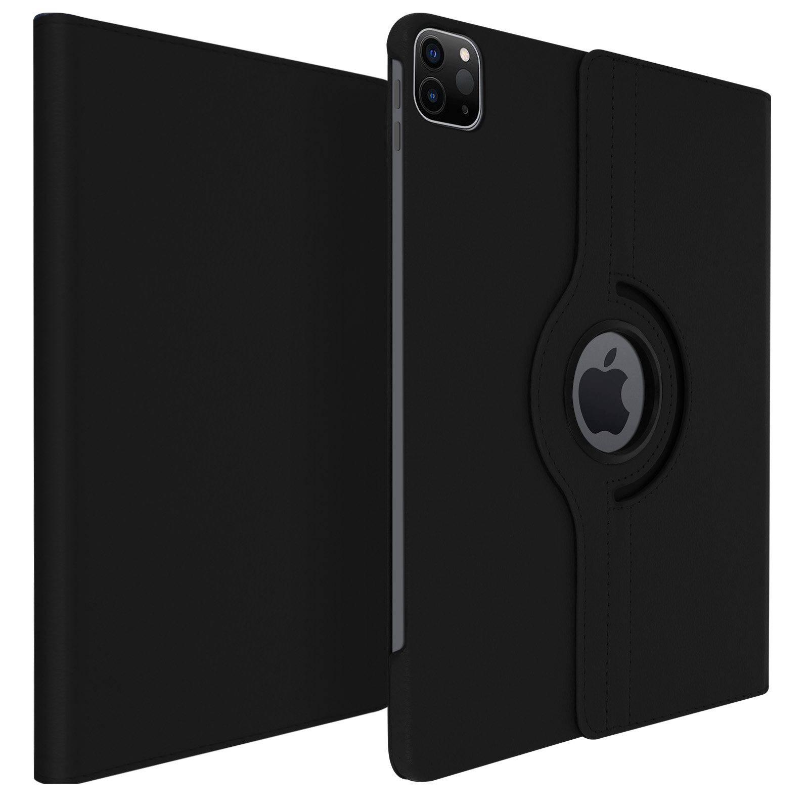 Tablet nero con una custodia. La custodia ha una cover, un logo e un ritaglio per la fotocamera.