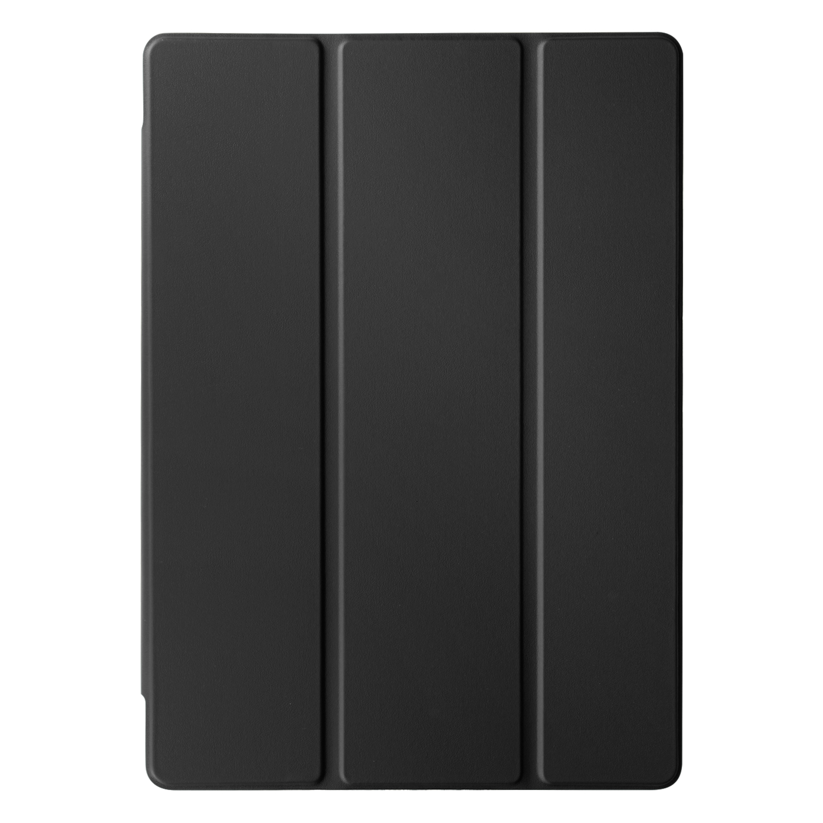 Custodia per tablet nera, chiusa, isolata su bianco, che mostra l'esterno della custodia.