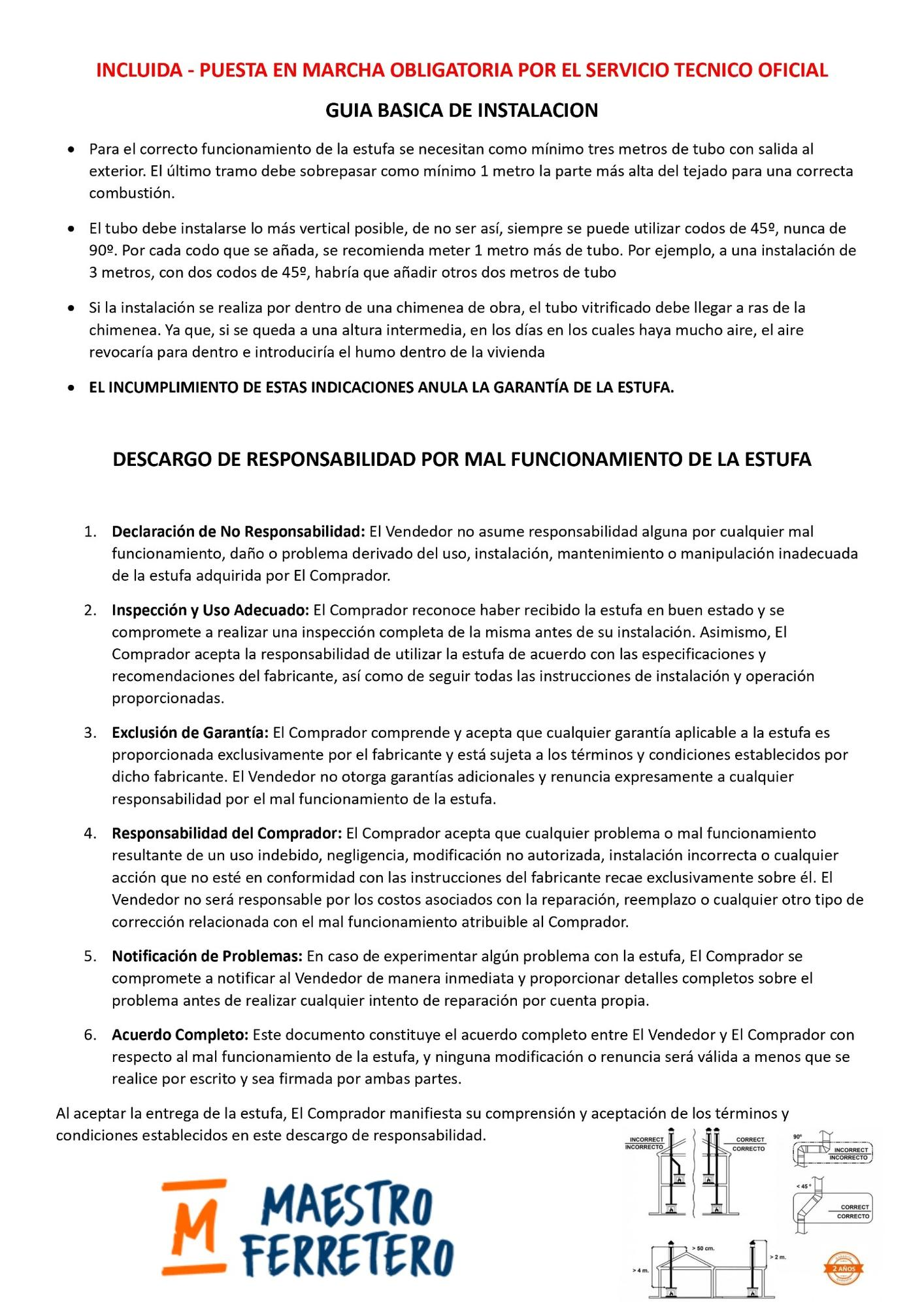 Guía de instalación con texto y diagramas para una estufa. Incluye instrucciones de seguridad e información de garantía.
