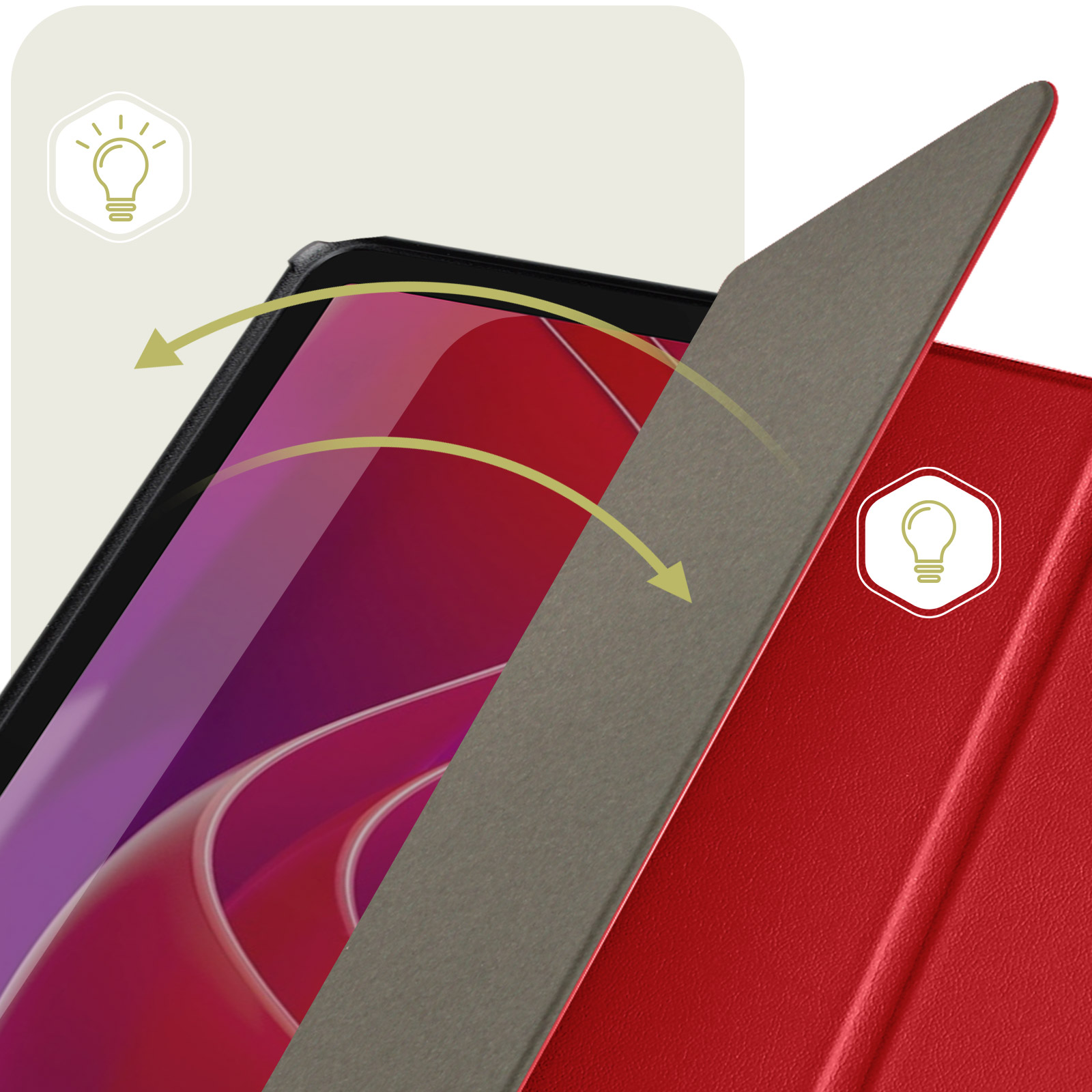 Custodia per tablet in apertura. Custodia rossa e coperchio grigio. Icone lampadina con frecce.
