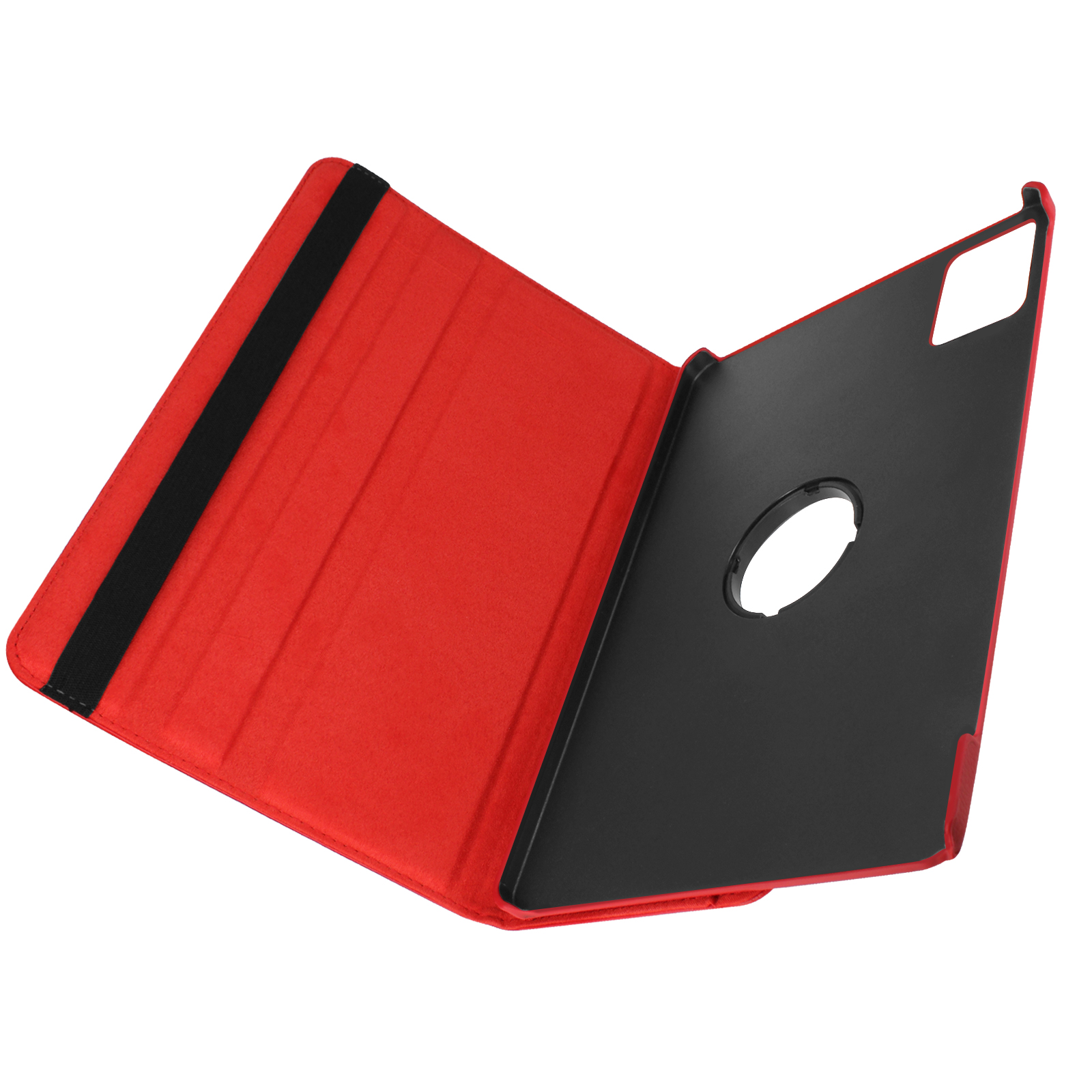 Custodia per tablet rossa aperta con interno nero.