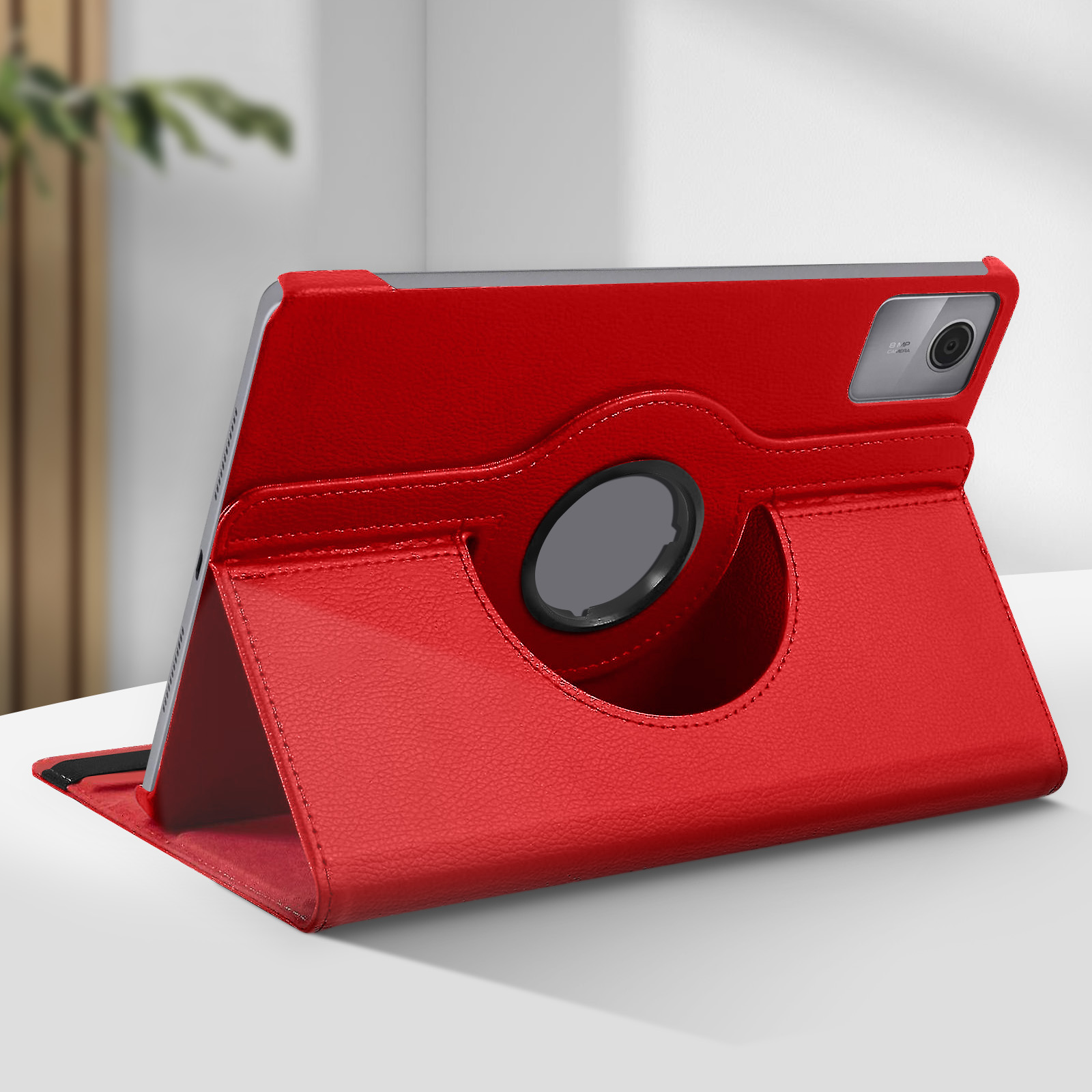 Custodia rossa per tablet con supporto girevole. Il tablet è visibile all'interno della custodia.