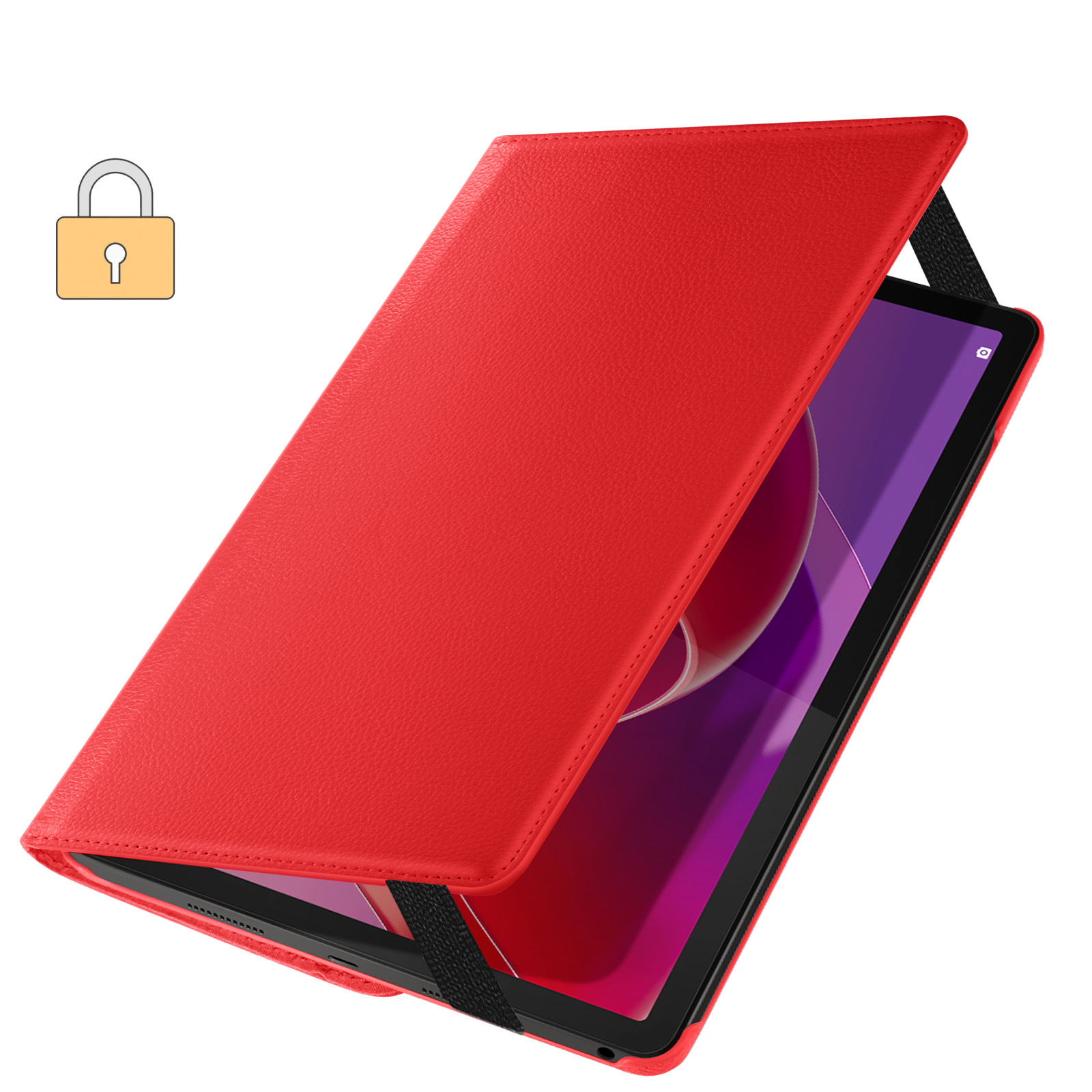 Custodia per tablet rossa, aperta. Schermo mostra sfondo rosso e viola.