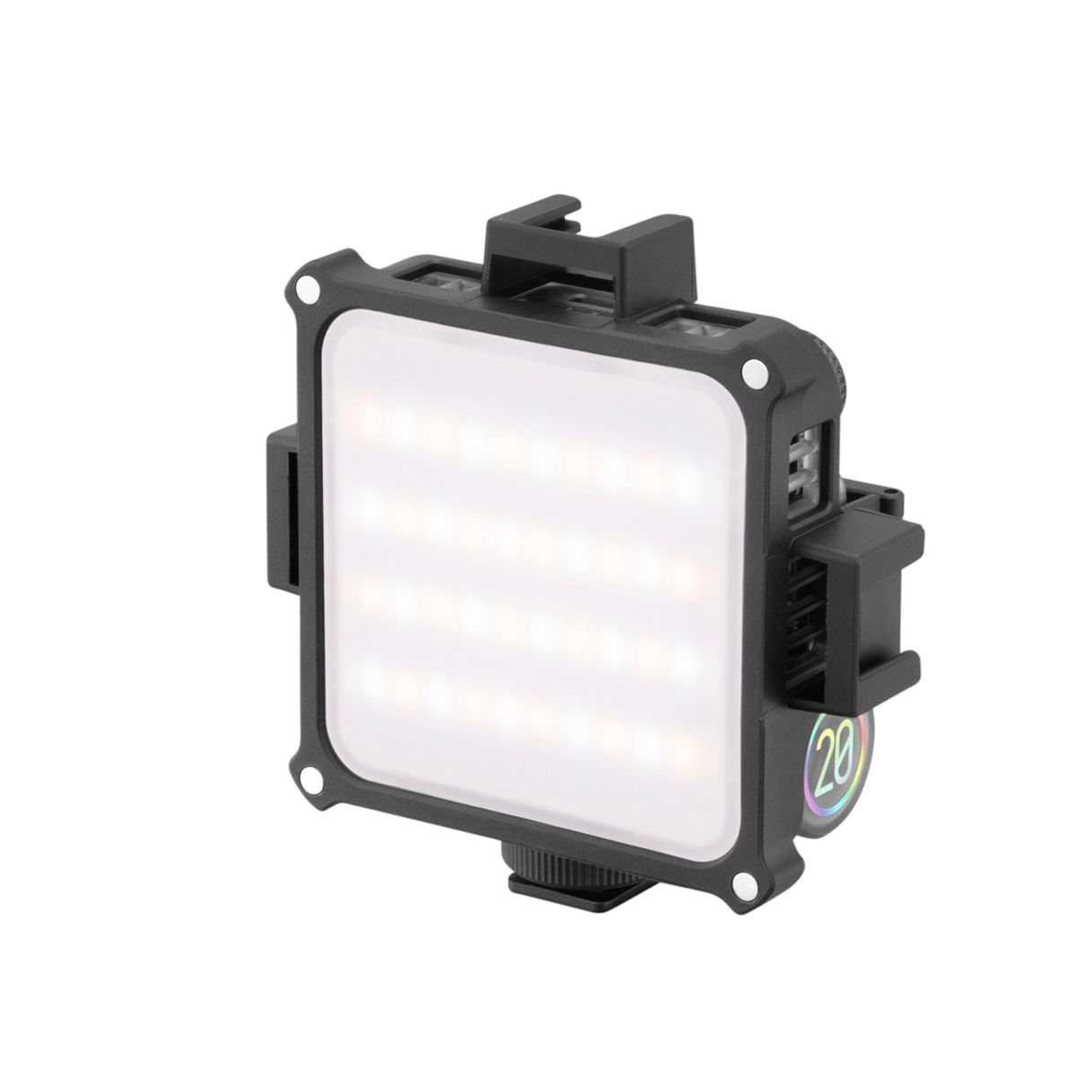 Schwarzes LED-Videolicht mit weißem Lichtpaneel, schwarzem Rahmen und Halterung.
