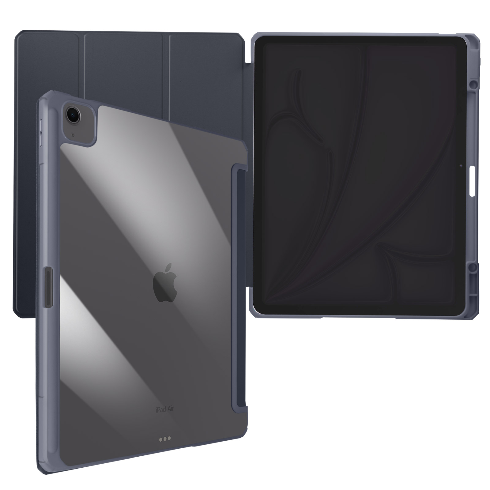 Un iPad con una custodia trasparente, che mostra il tablet e la custodia aperta.