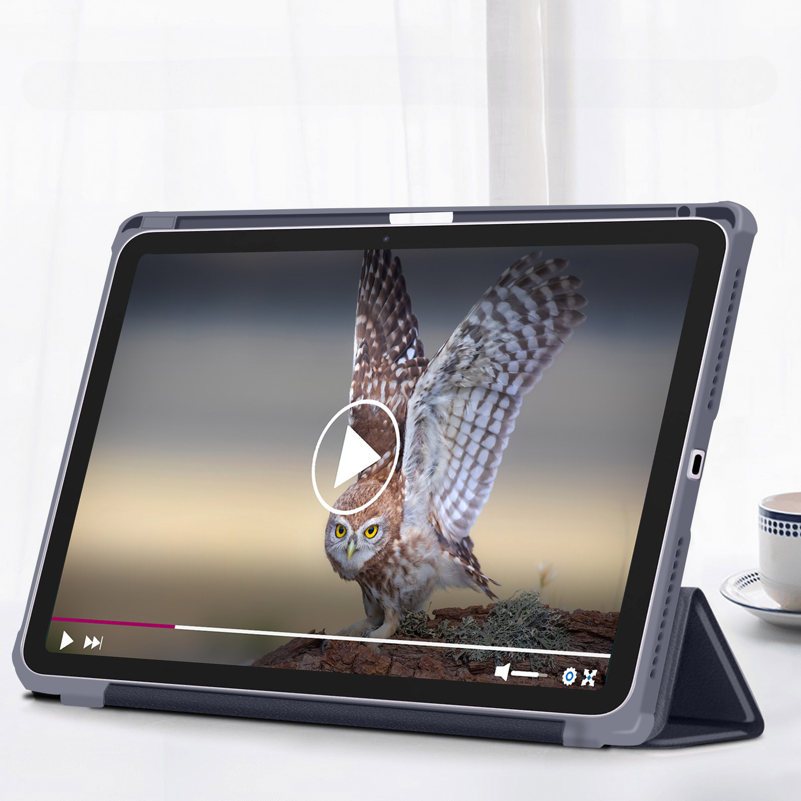 Tablet che riproduce un video di un gufo. Custodia grigia sul tablet, sfondo bianco con una finestra.
