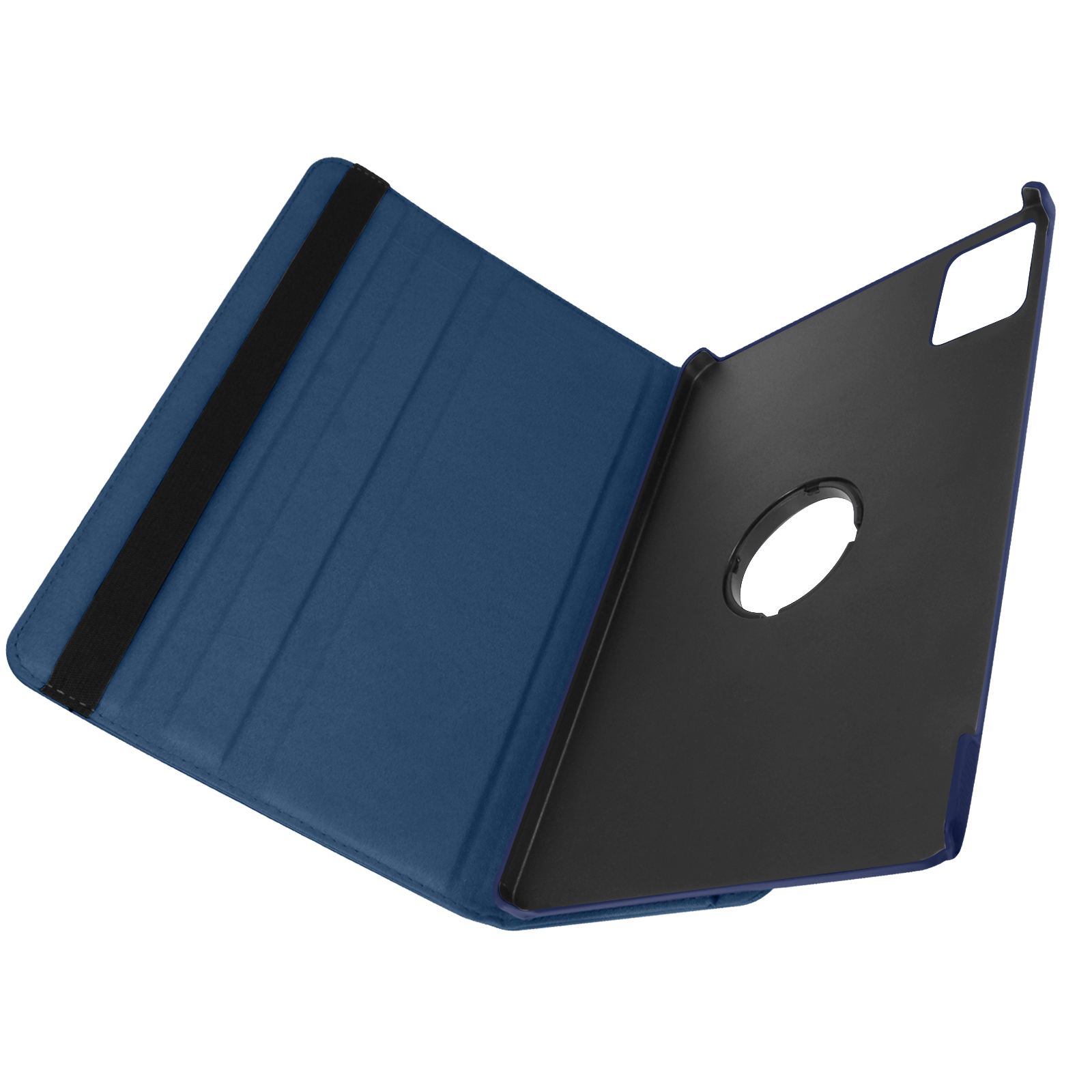 Custodia blu per tablet aperta, che rivela un interno nero con un ritaglio per la fotocamera.
