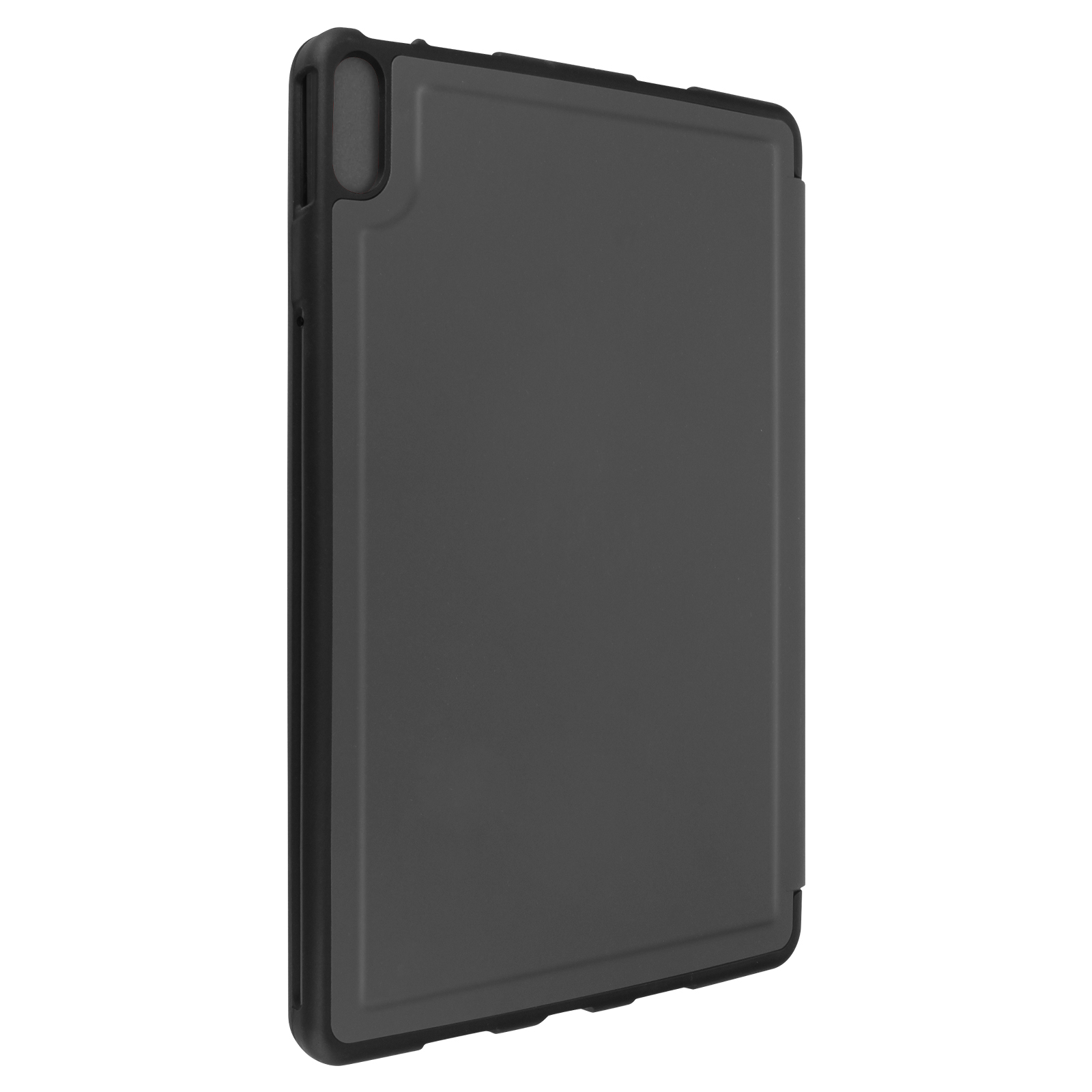Custodia per tablet grigio scuro con bordo nero, vista laterale.