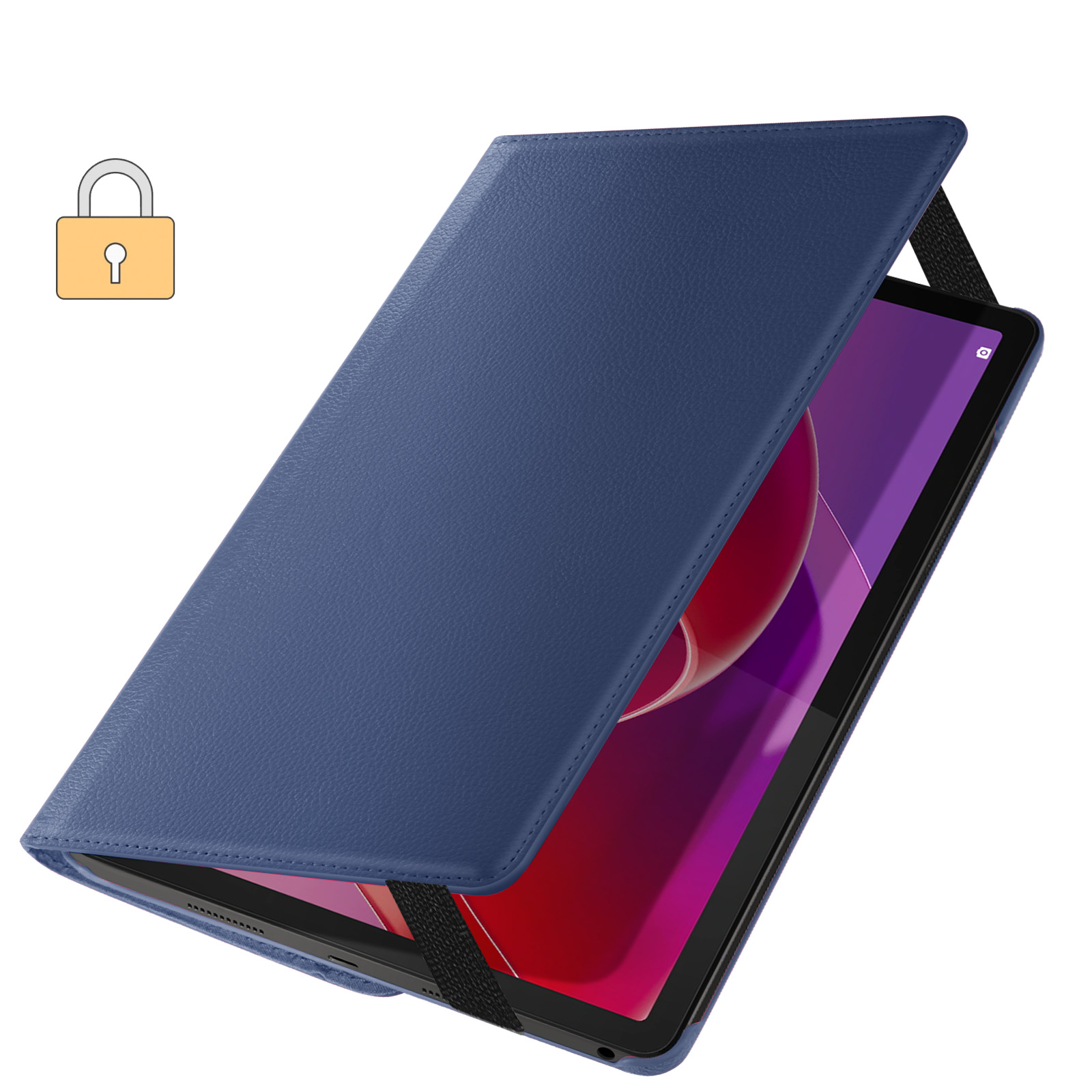 Una custodia blu per tablet con un tablet all'interno. La custodia è aperta, con un'icona di lucchetto visibile.