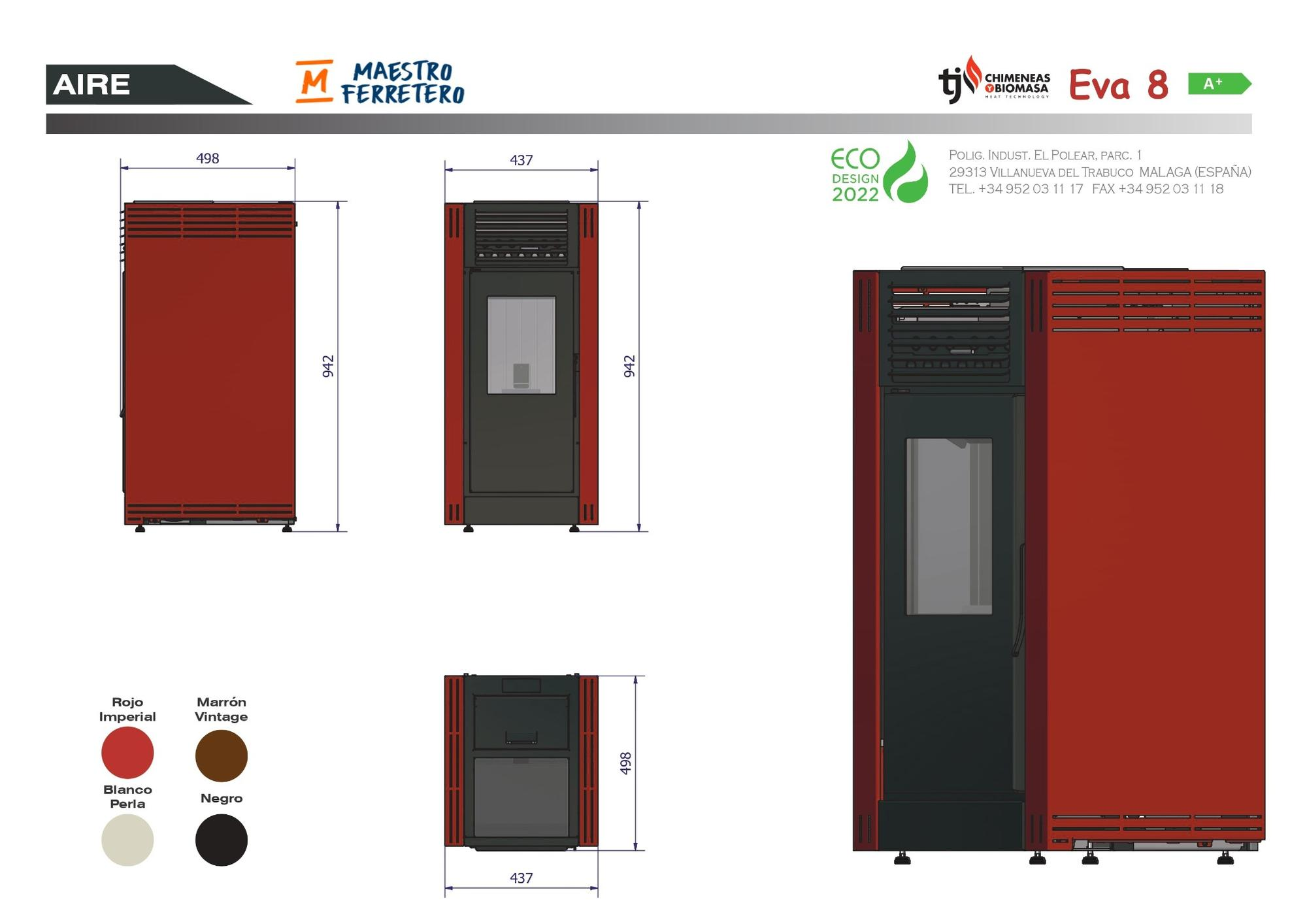 Diagrama de una estufa roja con dimensiones. Incluye muestras de color rojo, blanco, marrón y negro.