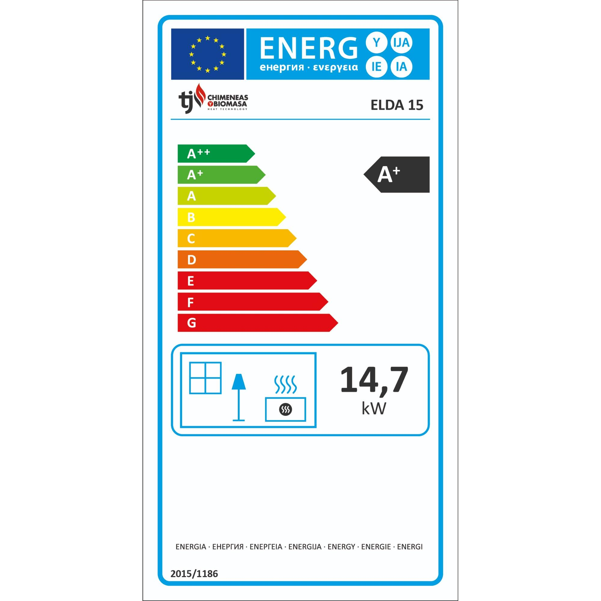 Etiqueta de eficiencia energética. Calificación A+. Fondo blanco con secciones de colores e información energética.