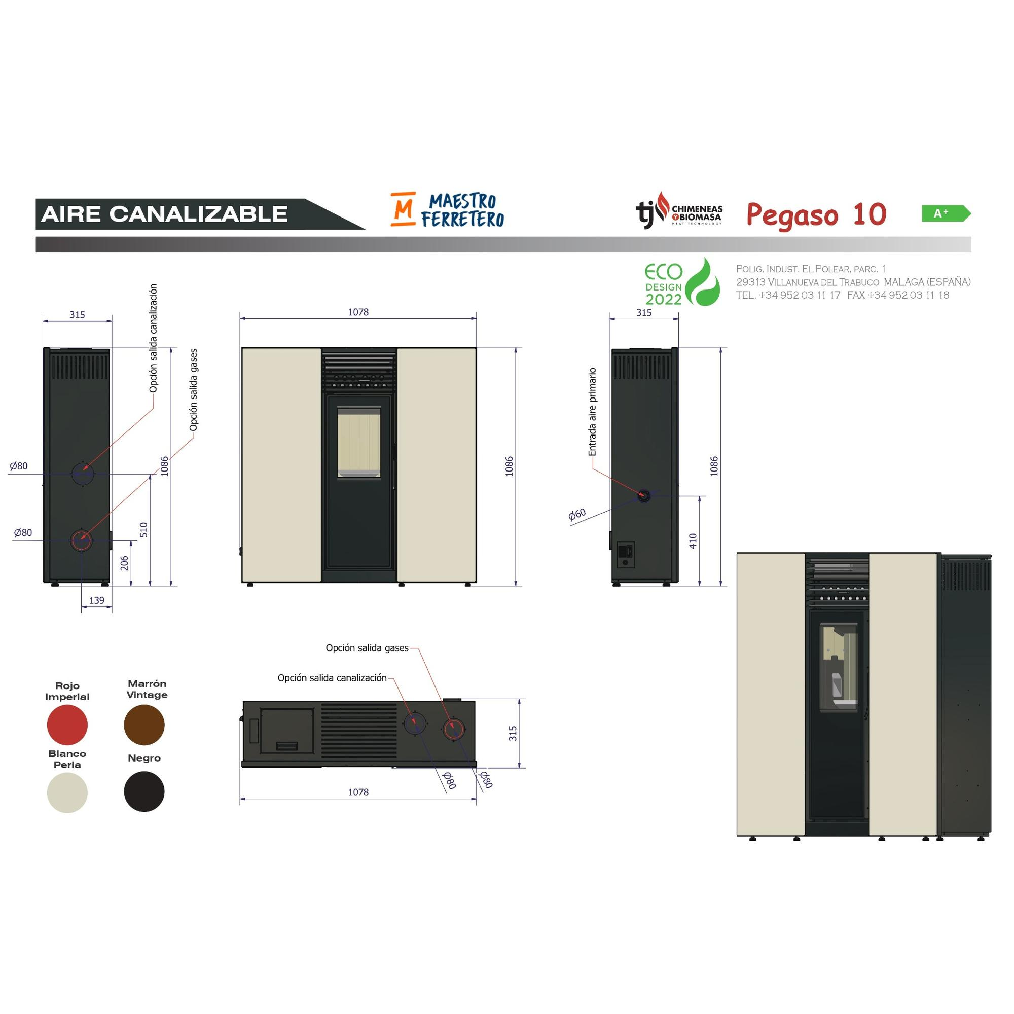 Dibujo técnico de una estufa de pellets con dimensiones, muestras de color e información de la marca.