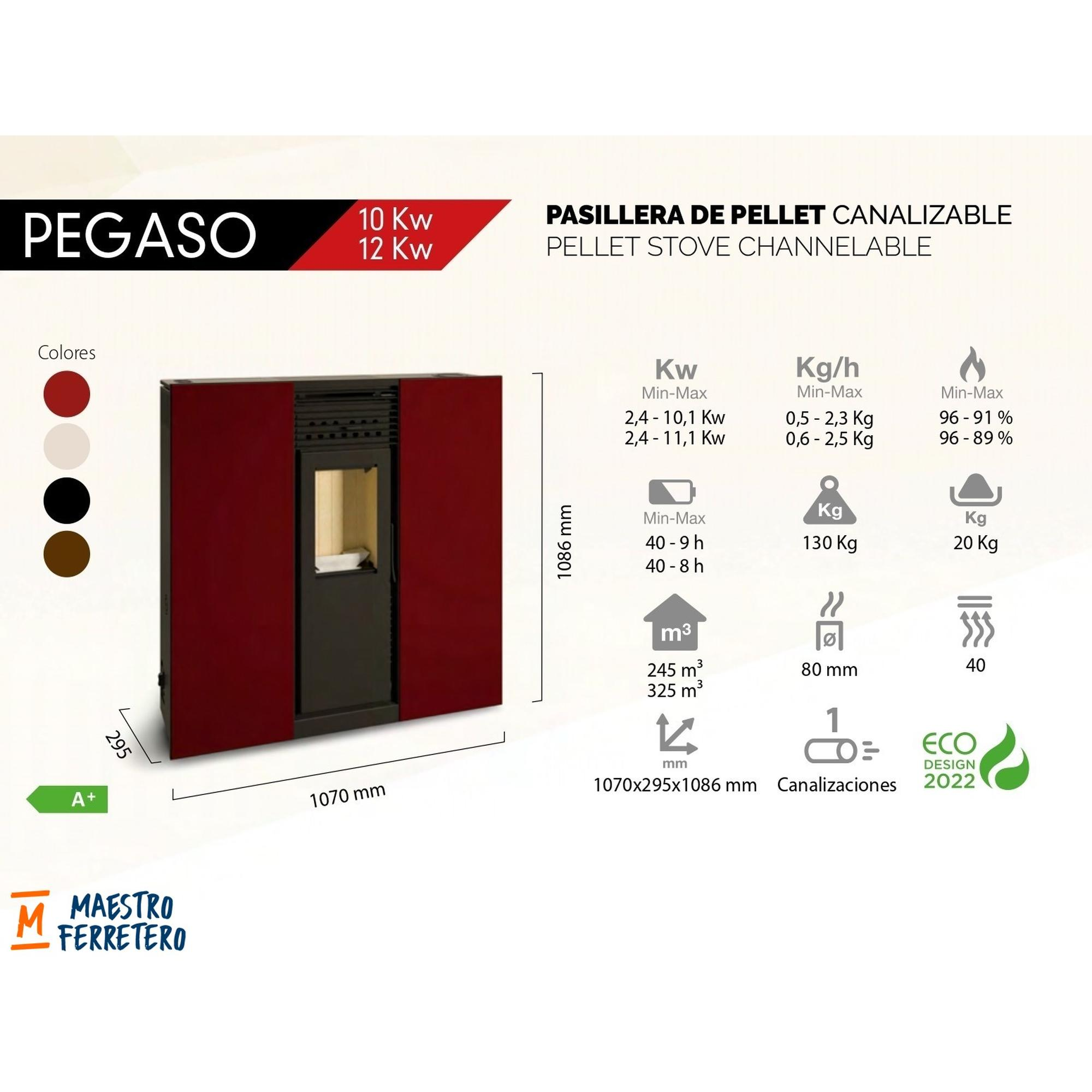 Dibujo técnico de una estufa de pellets con dimensiones, especificaciones y opciones de color.