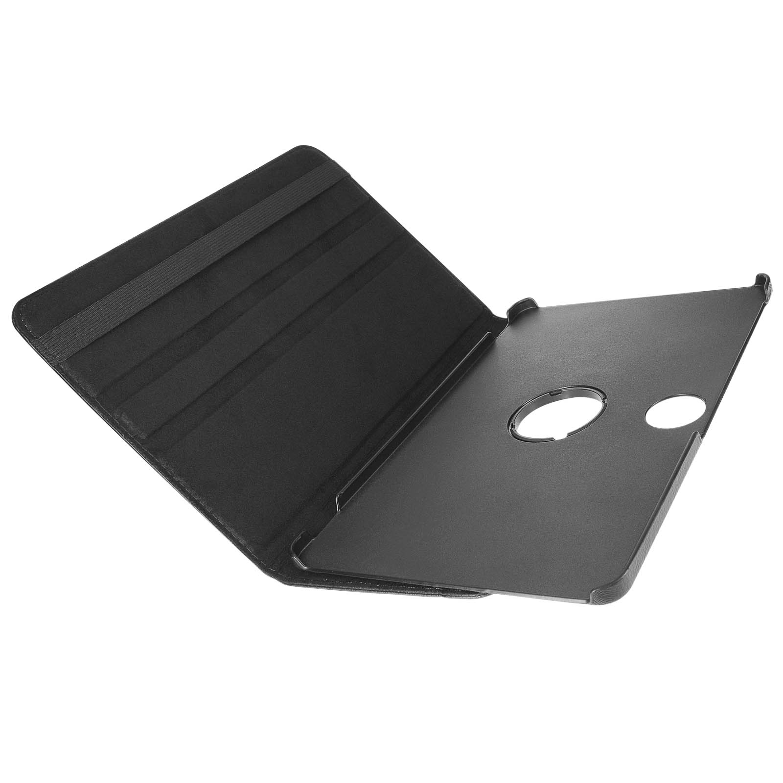 Una custodia per tablet nera è aperta, mostrando uno spazio per il tablet e una cinghia elastica.