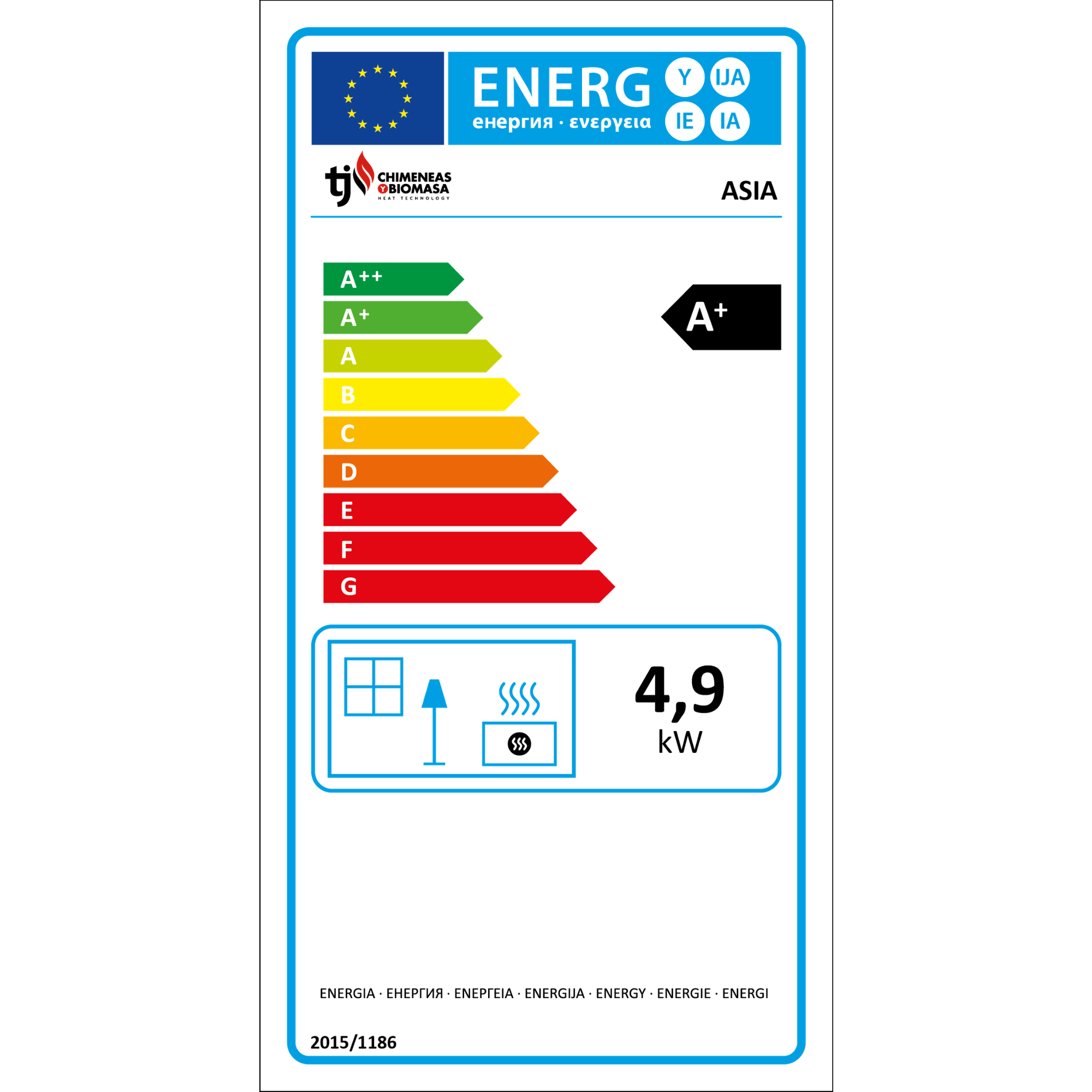Una etiqueta energética en blanco y negro sobre fondo negro, mostrando las clases de eficiencia.