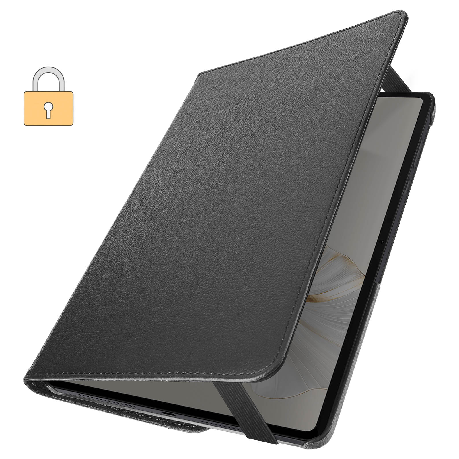 Custodia nera per tablet con coperchio aperto. Un'icona a forma di lucchetto è sullo sfondo.