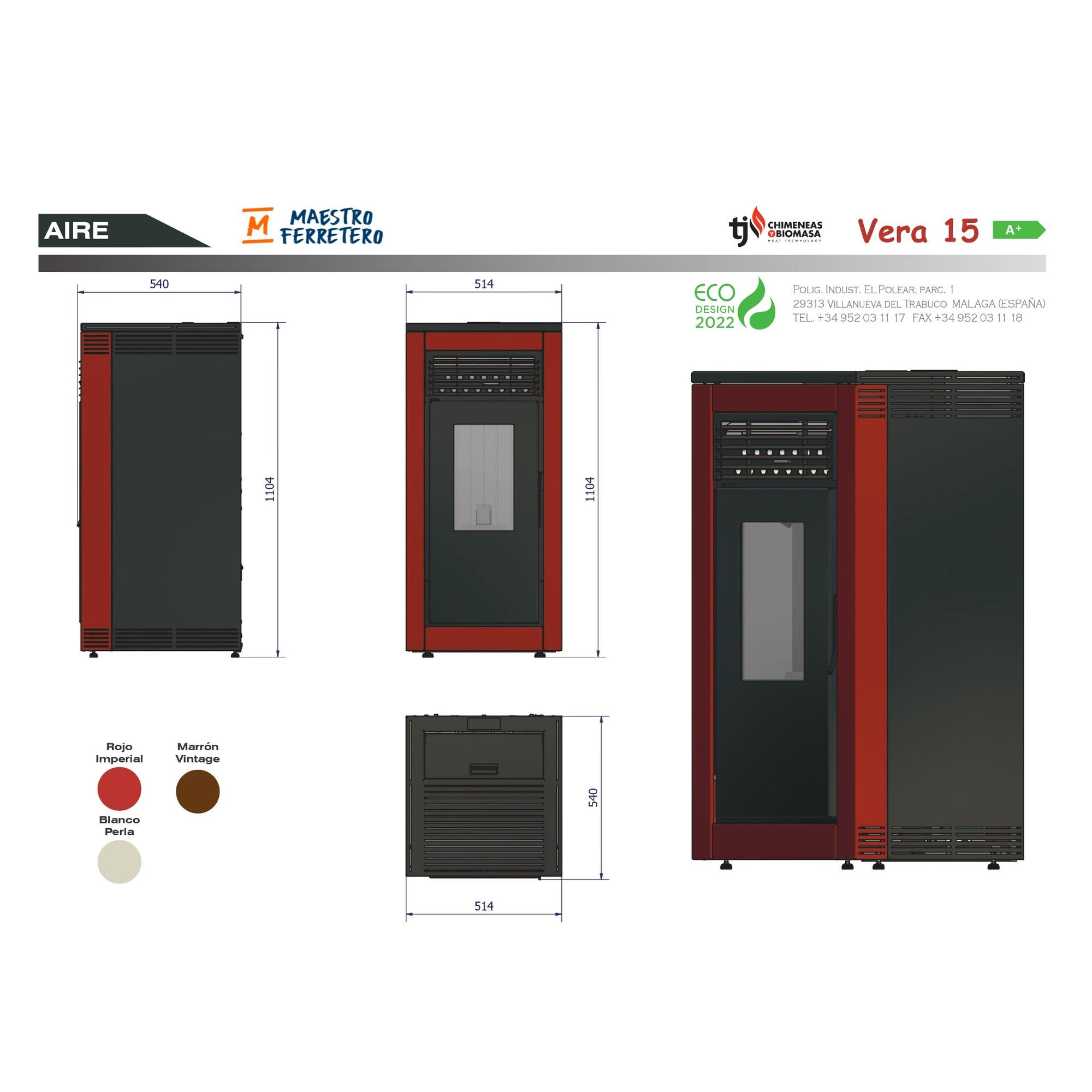 Diagrama de una estufa roja y negra con dimensiones y muestras de color.