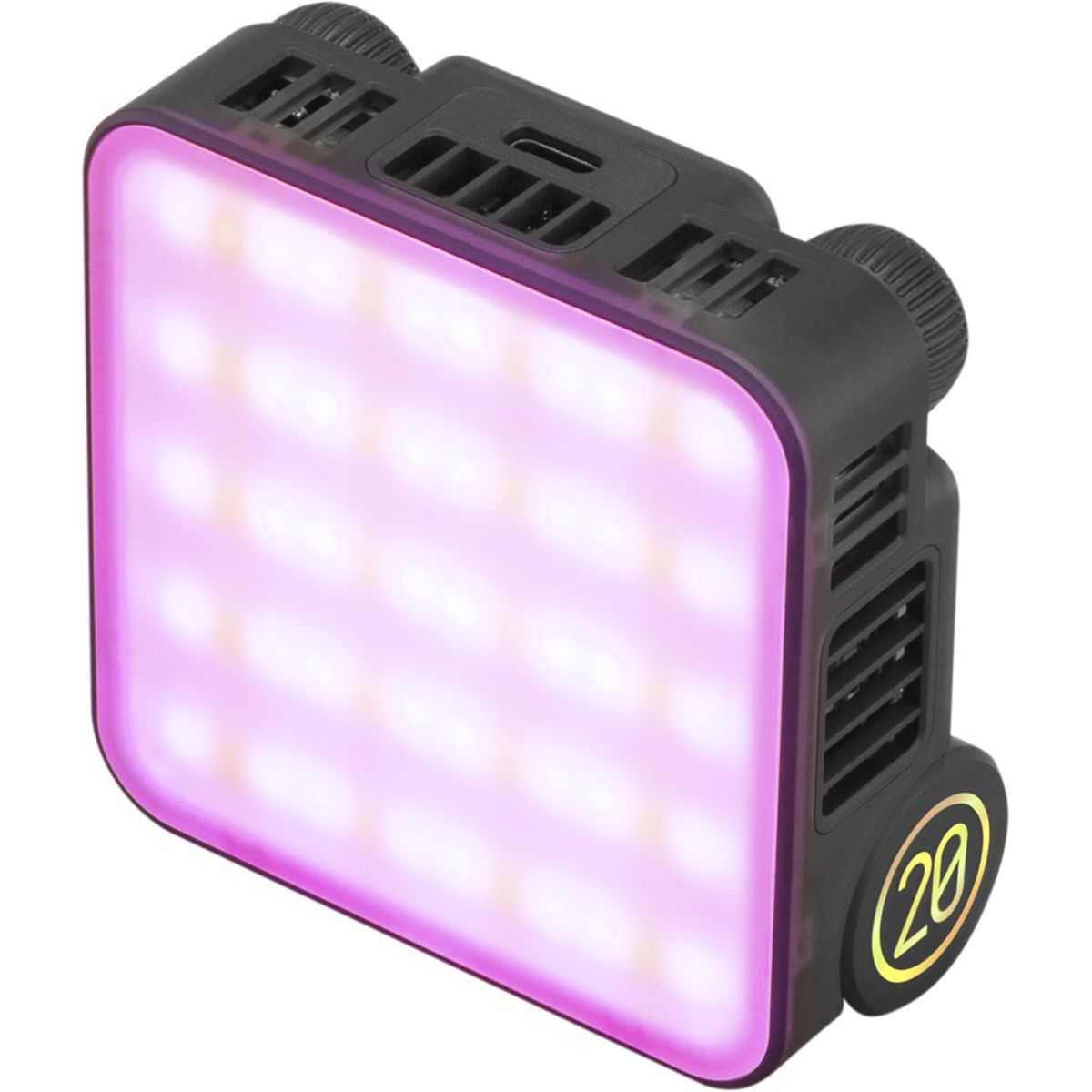 Eine quadratische LED-Leuchte mit pinkem Rahmen. Es hat mehrere LEDs und eine schwarze Rückseite.
