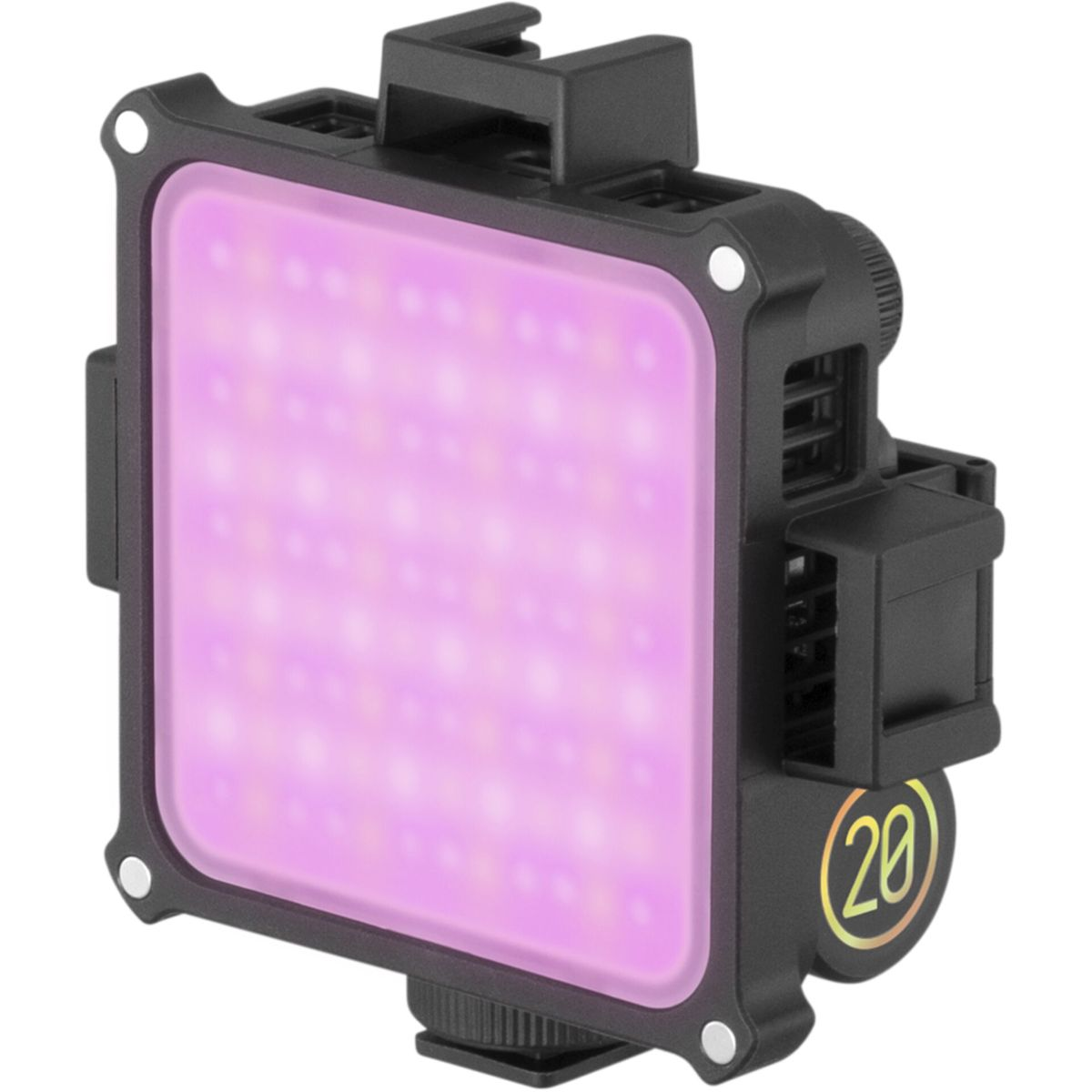 Eine schwarze quadratische LED-Videoleuchte mit rosa Leuchten und einer (20)-Markierung.
