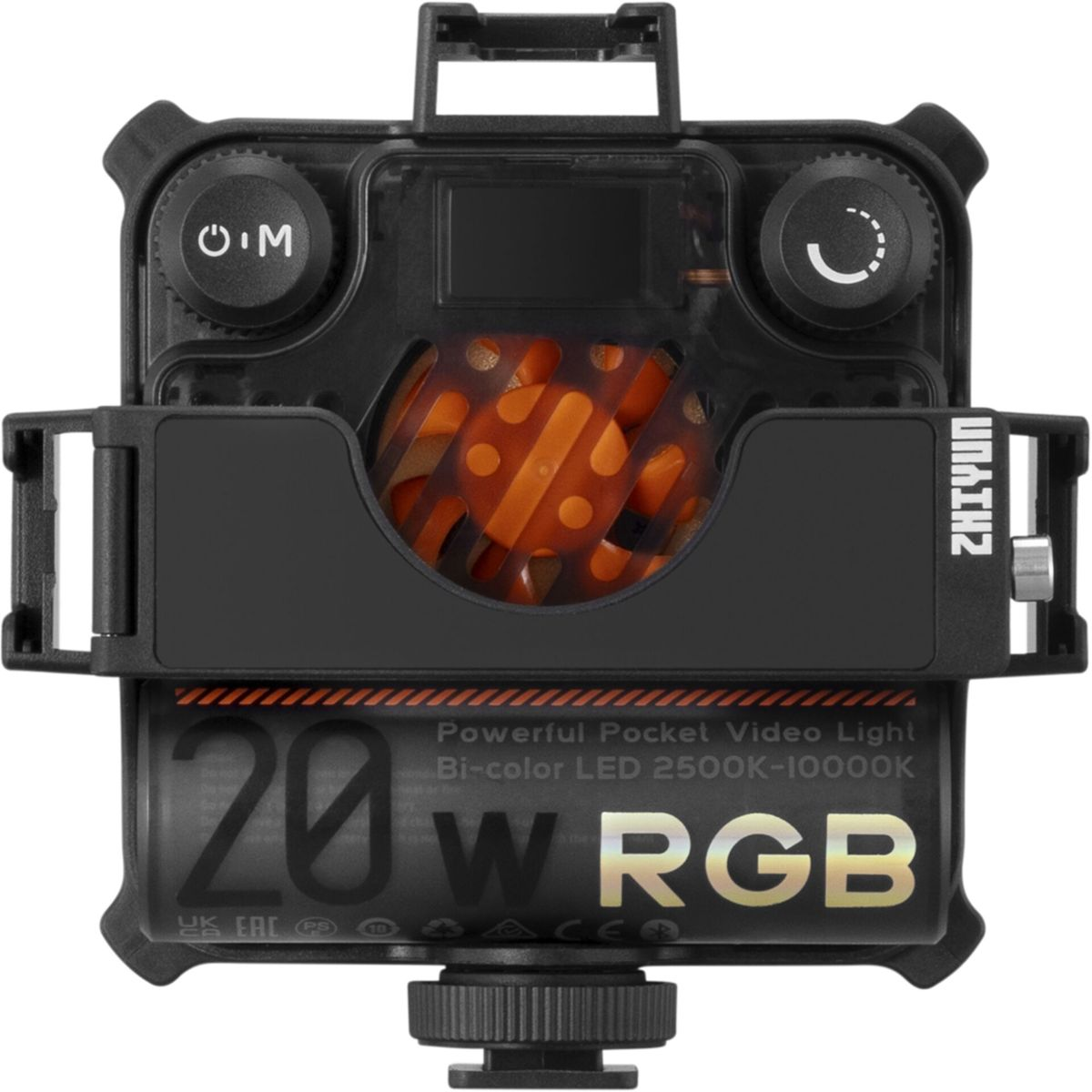 Schwarzes Videolicht mit Knöpfen und einem Bildschirm. Es ist mit '20W RGB' beschriftet. Oranger Innenraum.