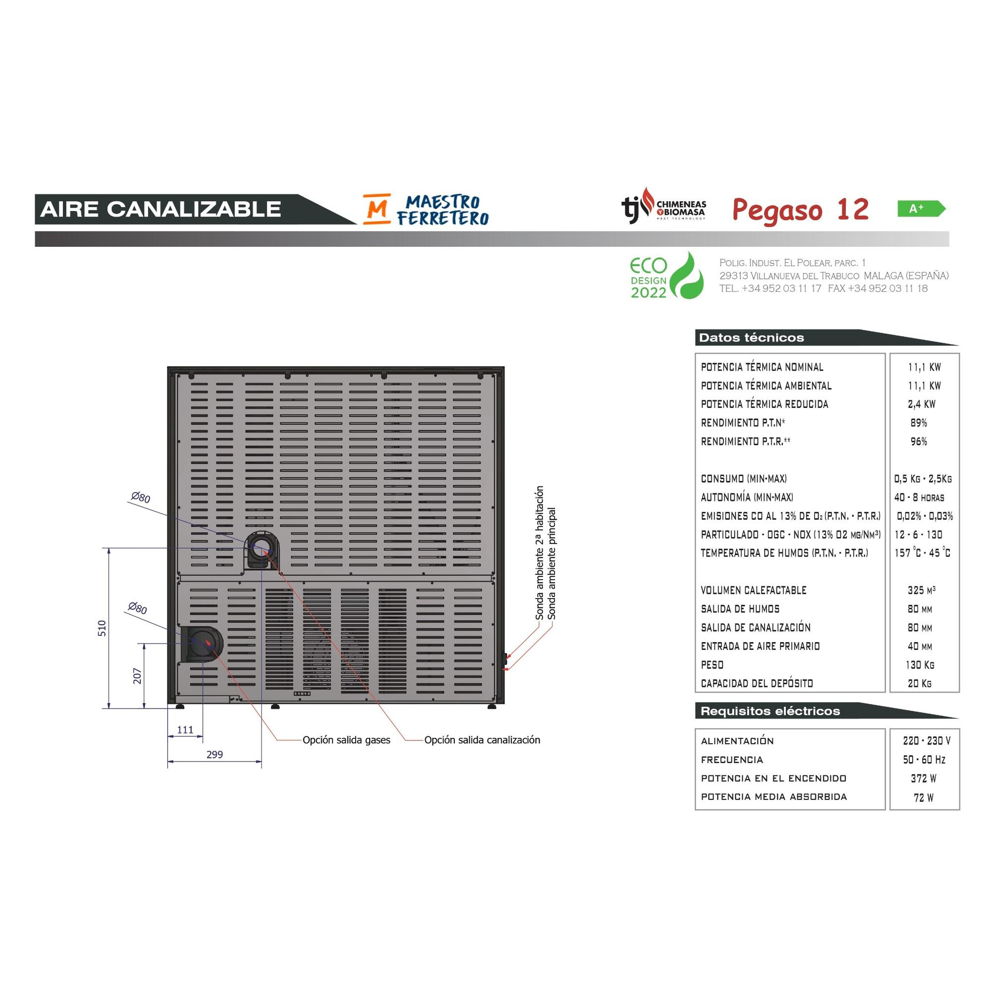Una ficha de producto en español con datos técnicos, incluyendo dimensiones, para una chimenea Maestro Ferretero Pegaso 12.