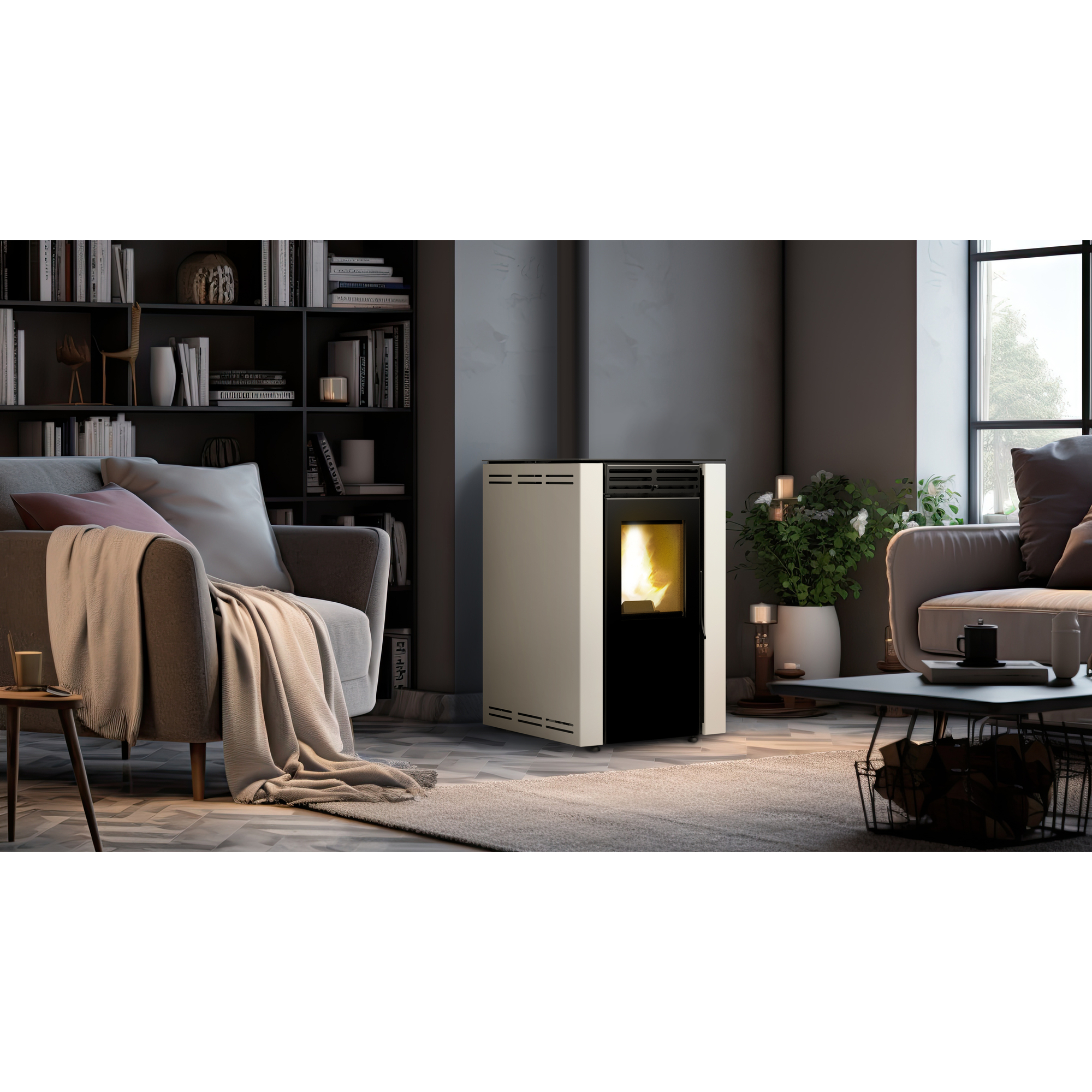 Una sala de estar moderna con chimenea, sofá, mesa de centro y estantería.