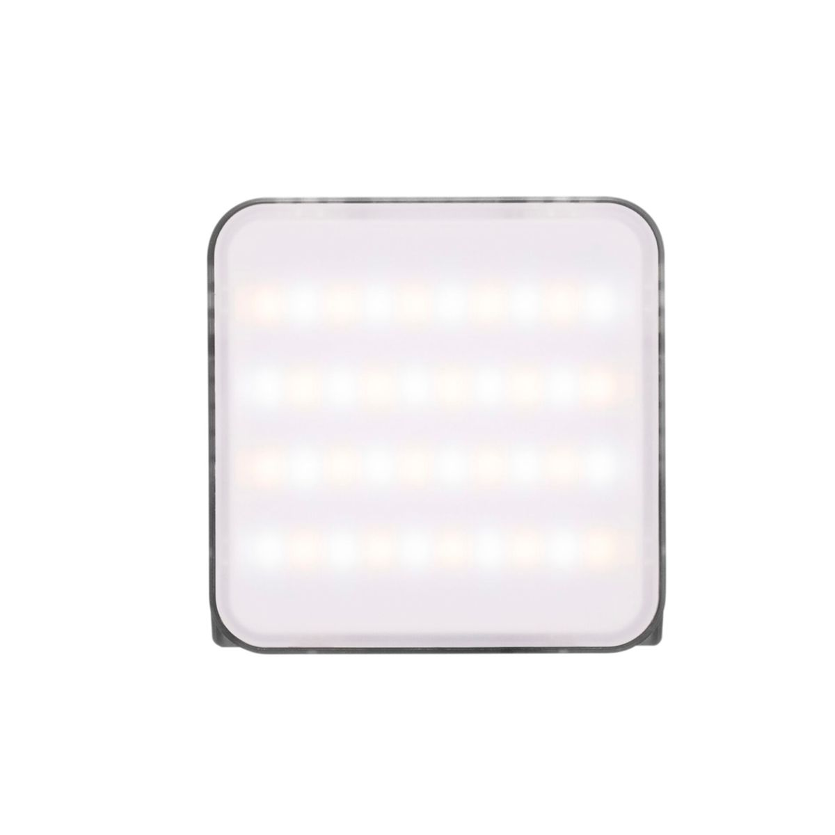 Quadratisches LED-Lichtpaneel mit weißem Licht. Der Rahmen ist schwarz.