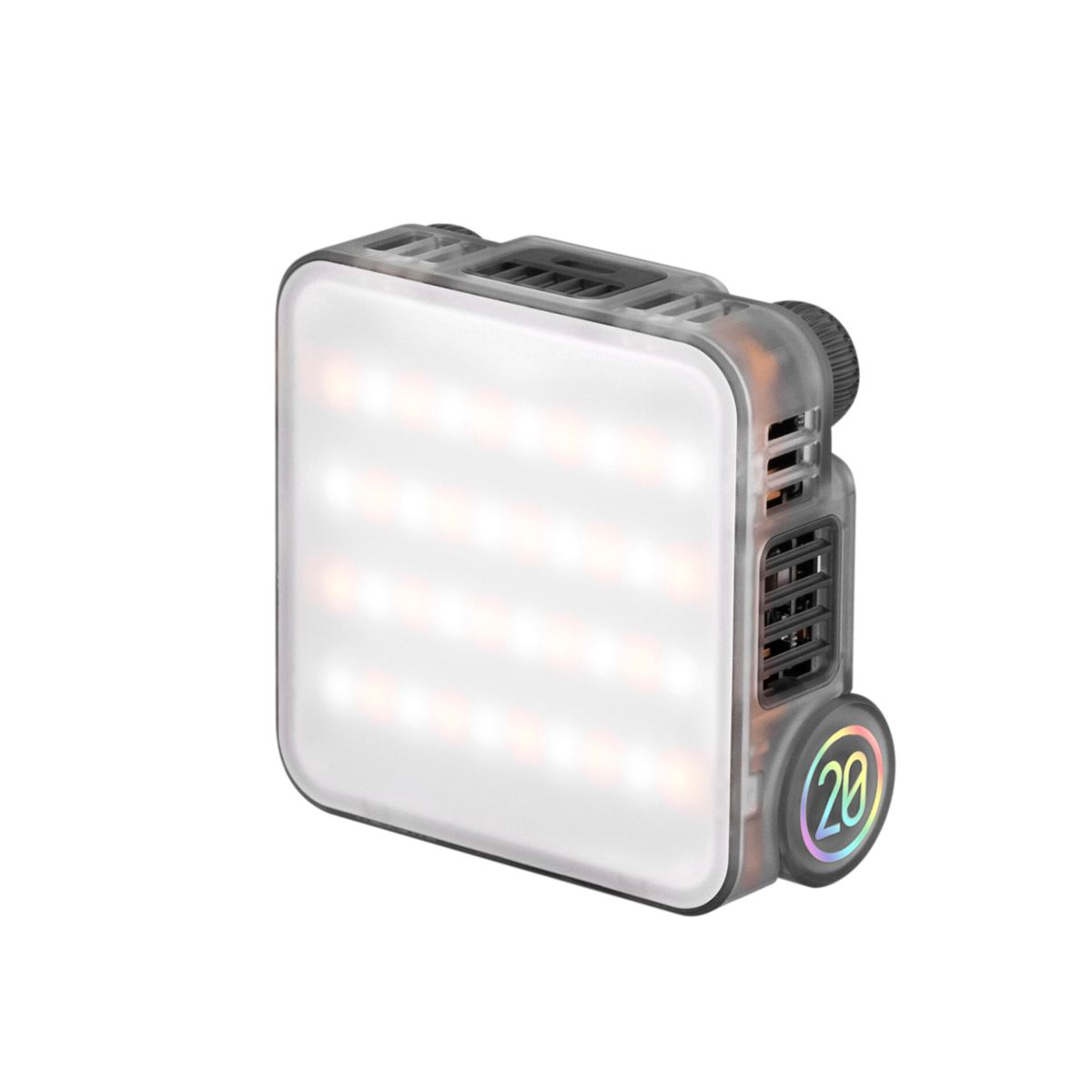 Quadratisches LED-Licht. Weißes Licht, das von vorne emittiert wird. Schwarzes und graues Gehäuse mit Details.