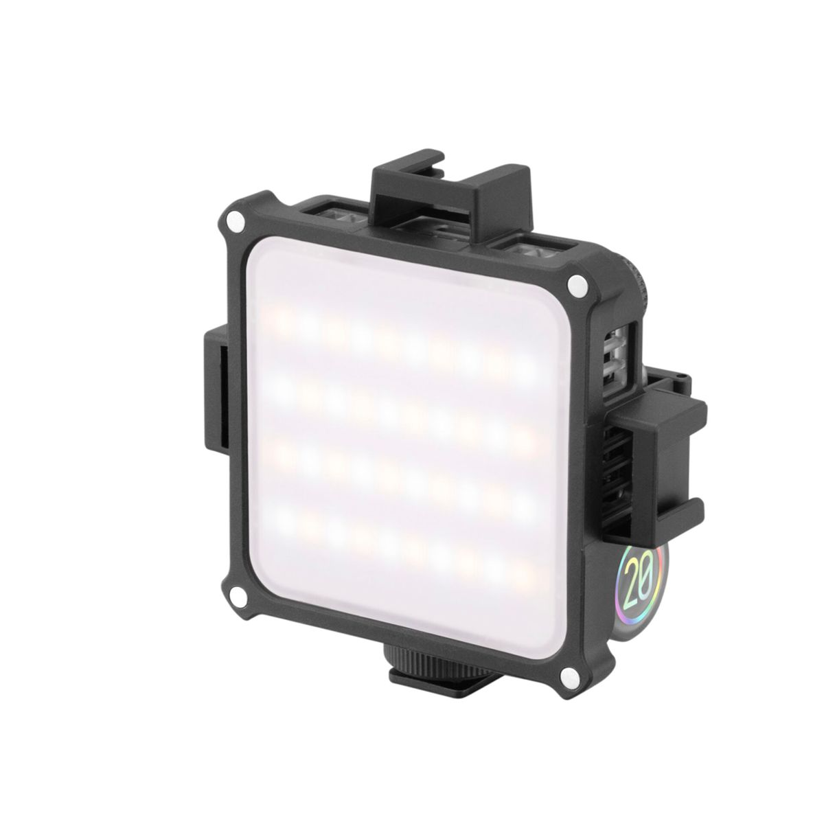 Schwarzes LED-Licht mit rechteckigem Panel und Befestigungspunkten.