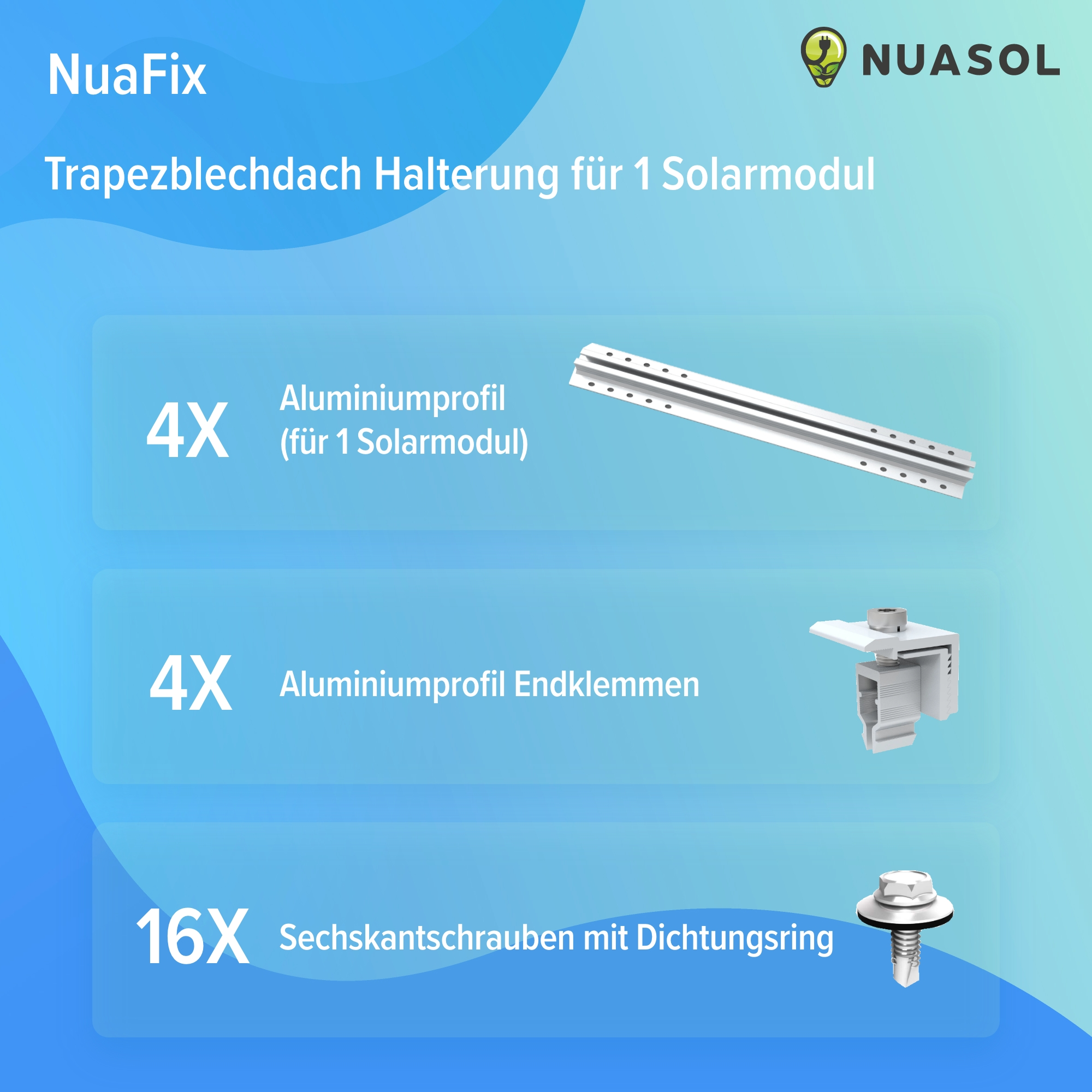 Eine Illustration von Komponenten zur Solarmontage. Enthält Profile, Endklemmen und Schrauben mit Dichtungsringen.