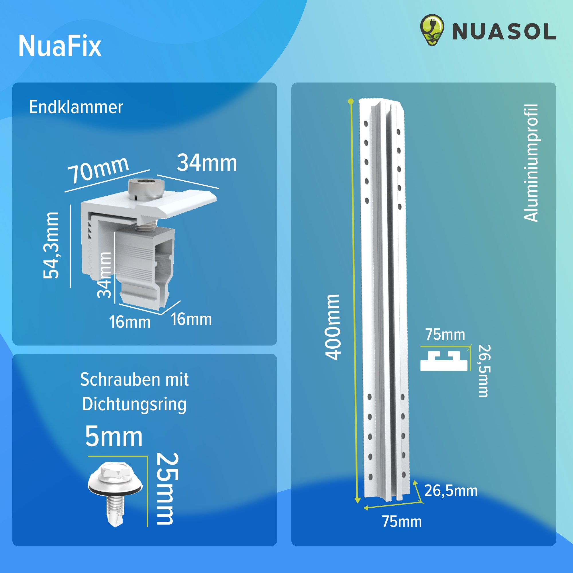Diagramm mit Abmessungen eines Aluminiumprofils und Schrauben für ein Solarmodul-Montagesystem.