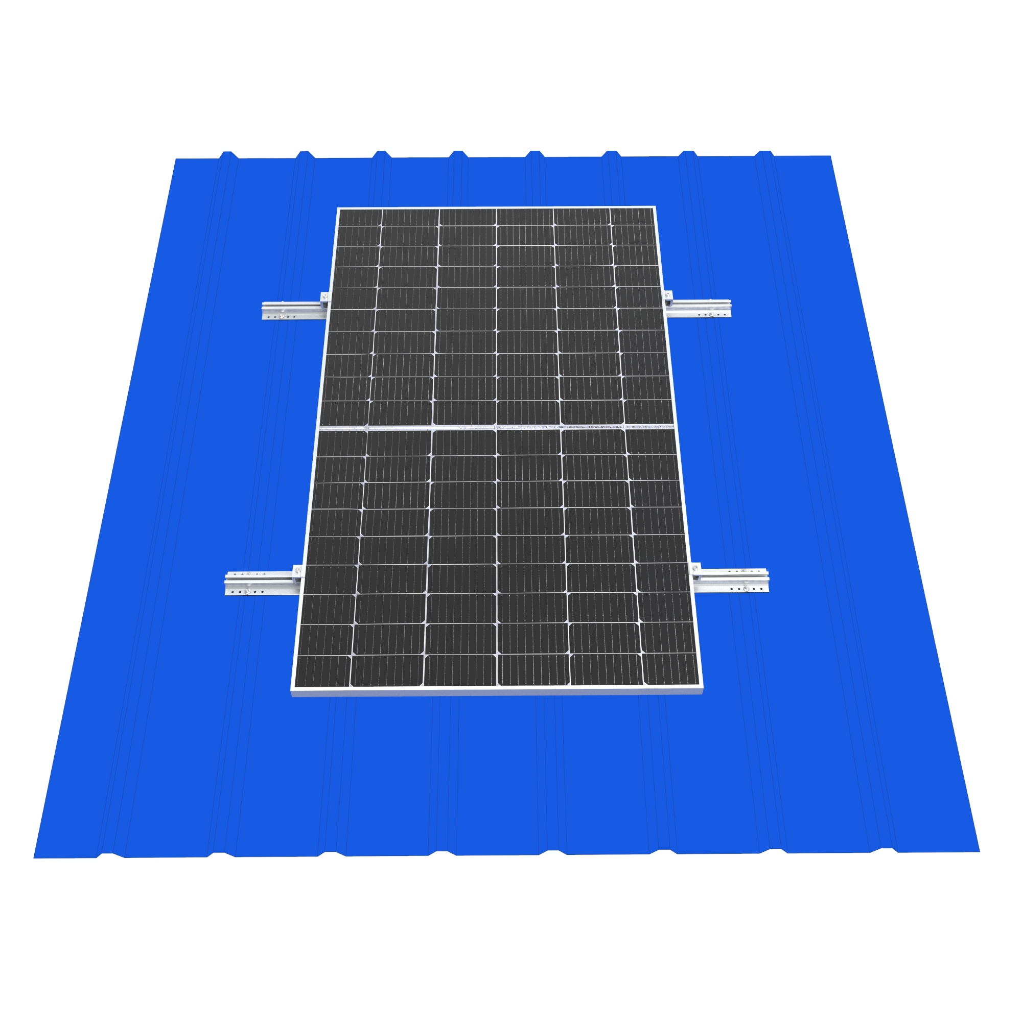 Auf einem blauen Wellblechdach installierte Solarmodule mit Tragschienen.