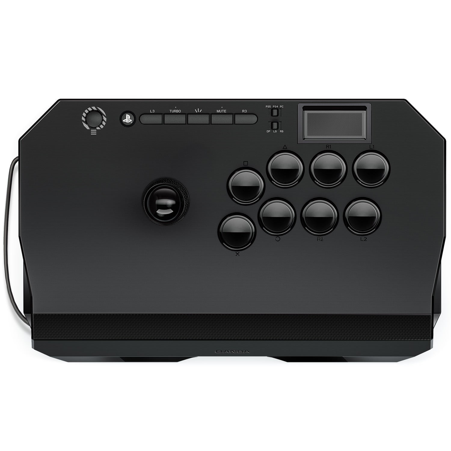 Mando de juego negro con botones y joystick. Diseño elegante.