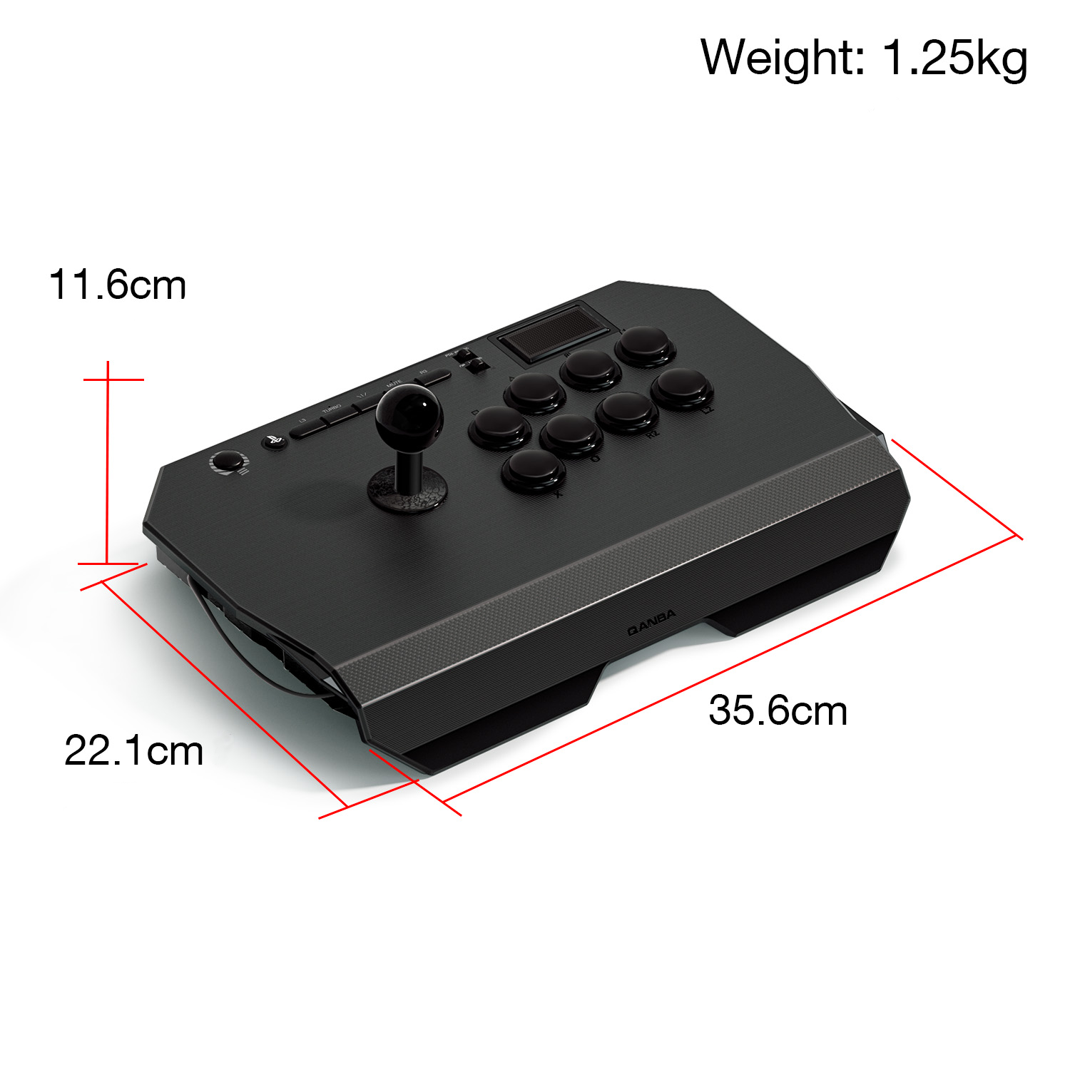 Un gamepad negro con dimensiones y medidas etiquetadas, con un joystick y botones.