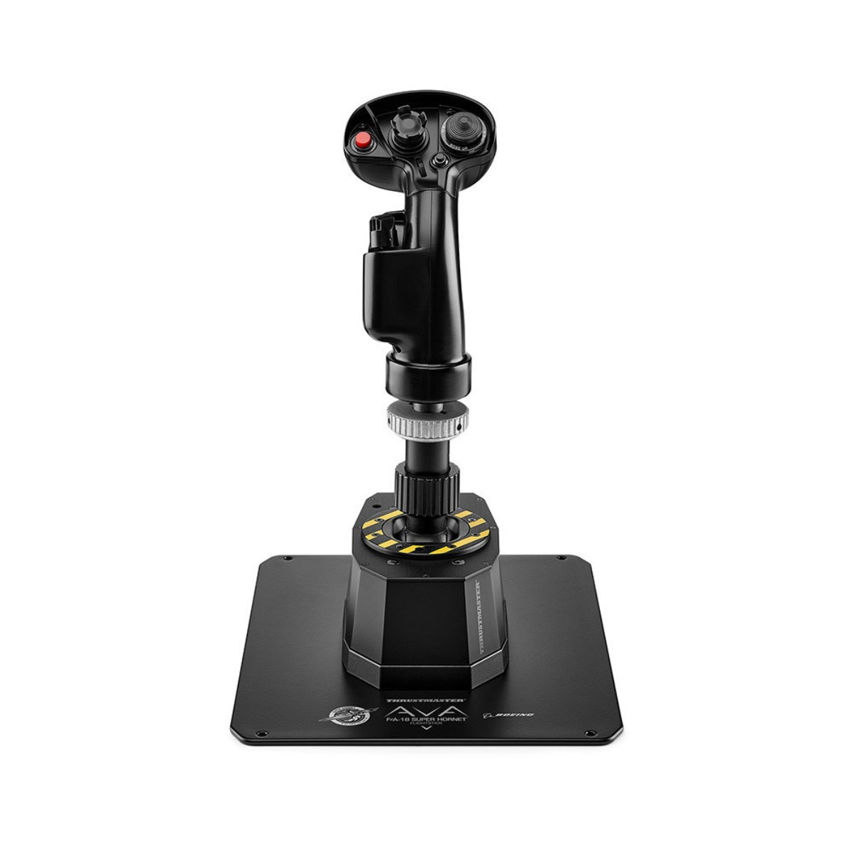 Un joystick negro de simulador de vuelo con base. Tiene varios botones y un botón rojo.