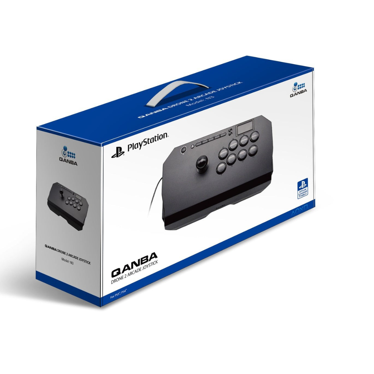 Una caja de joystick arcade Qanba Drone 2. El joystick es visible en la caja.
