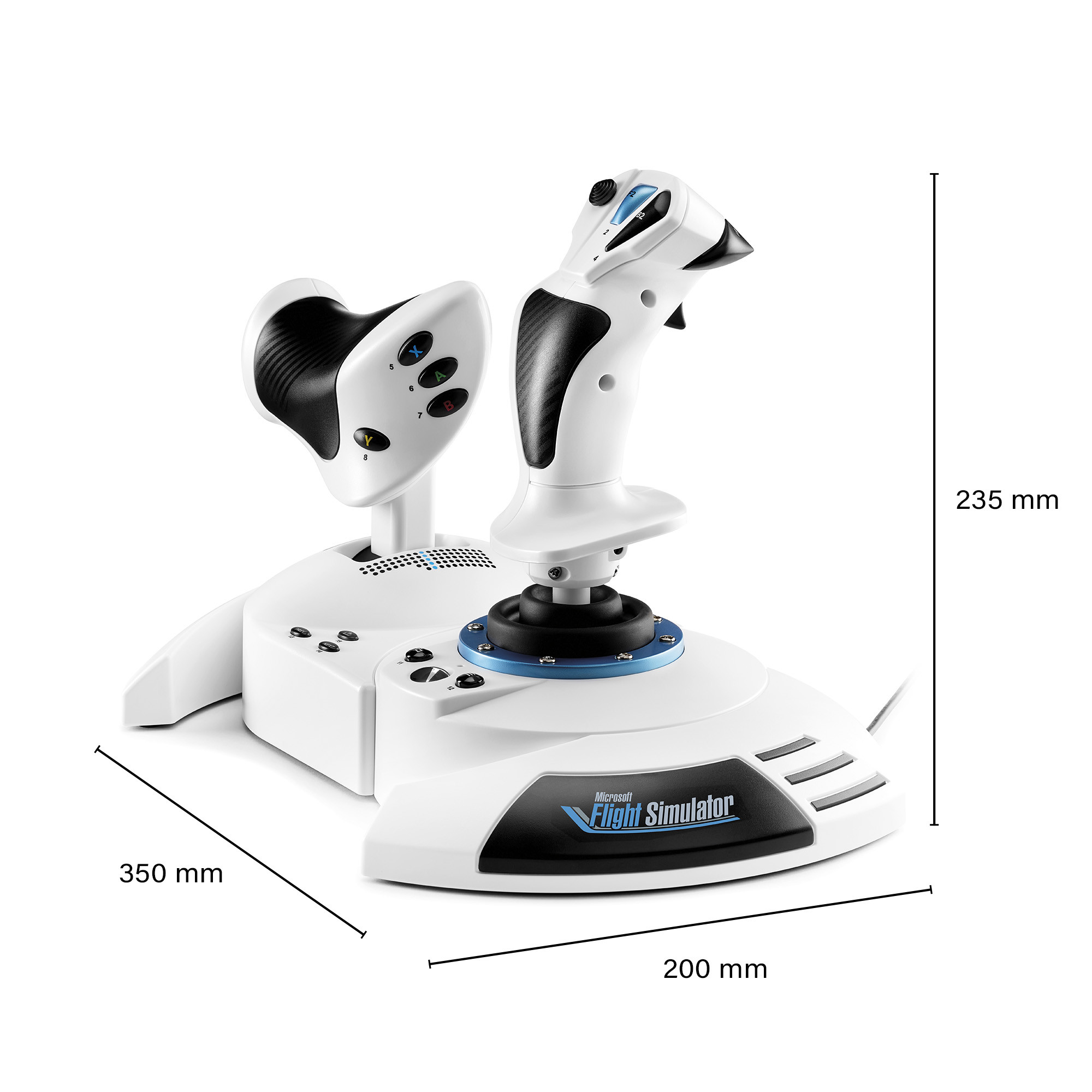 Biały joystick Microsoft Flight Simulator o wymiarach 350x200x235mm. Czarno-niebieski design.