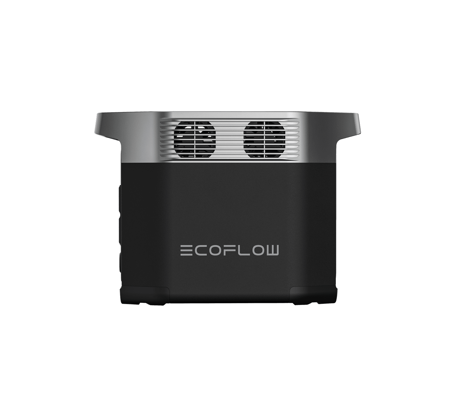 Estación de energía portátil negra y plateada con la marca ECOFLOW en el frente, sobre un fondo negro.
