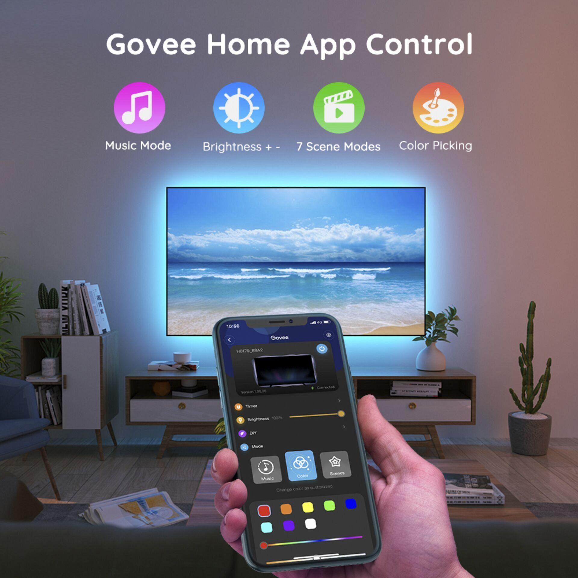 Ein Telefon mit der Govee-App zeigt Farboptionen für eine TV-Hintergrundbeleuchtung an.