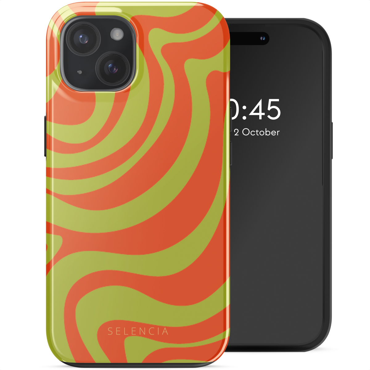 Telefoon met oranje en groene wervelende hoes. De hoes zit op de telefoon. Het scherm toont tijd en datum.