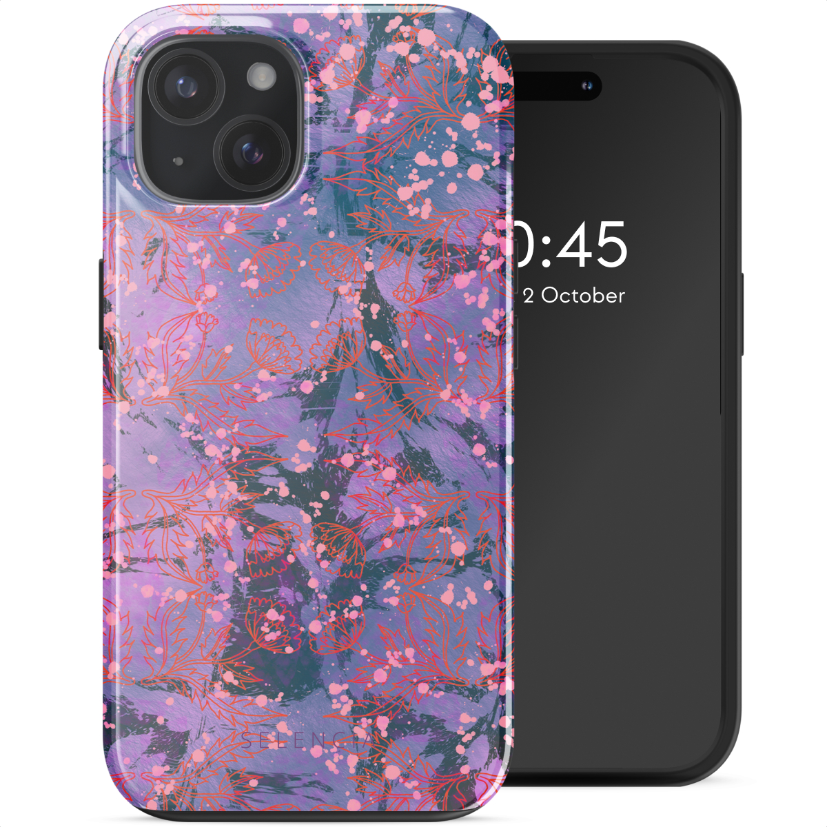 Telefoonhoesje met bloemenontwerp en een telefoon die de tijd weergeeft.