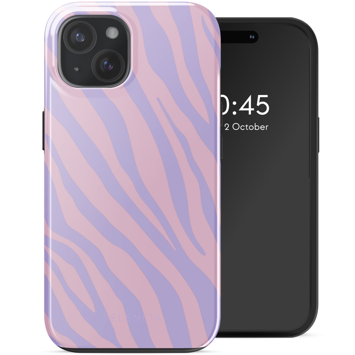 Telefoonhoesje met roze en paarse zebraprint op een telefoon. Zwart camera gebied. Telefoon toont tijd.