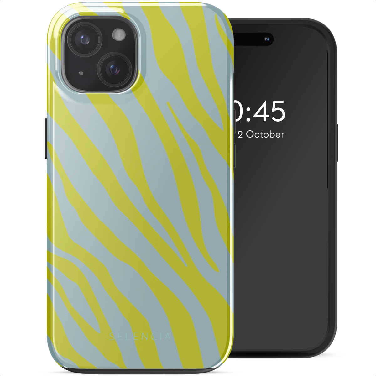 Een telefoonhoesje met een blauw en geel zebra strepenpatroon. De telefoon en de hoes liggen op een wit oppervlak.