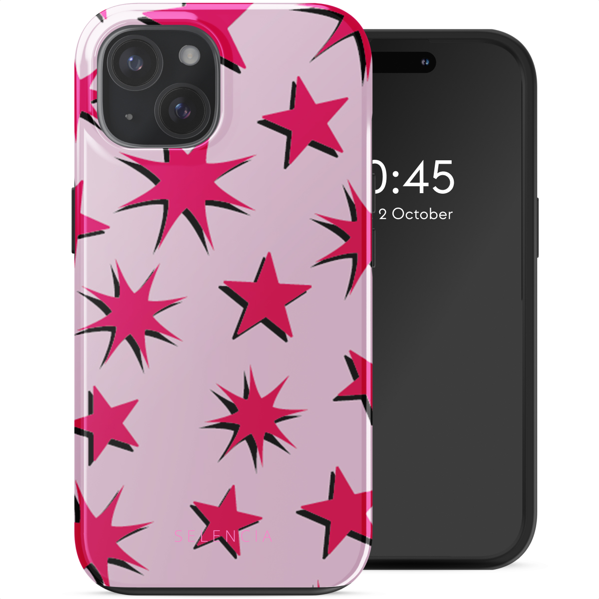 Een roze telefoonhoesje met rode sterpatronen, naast een zwarte smartphone. Witte achtergrond.