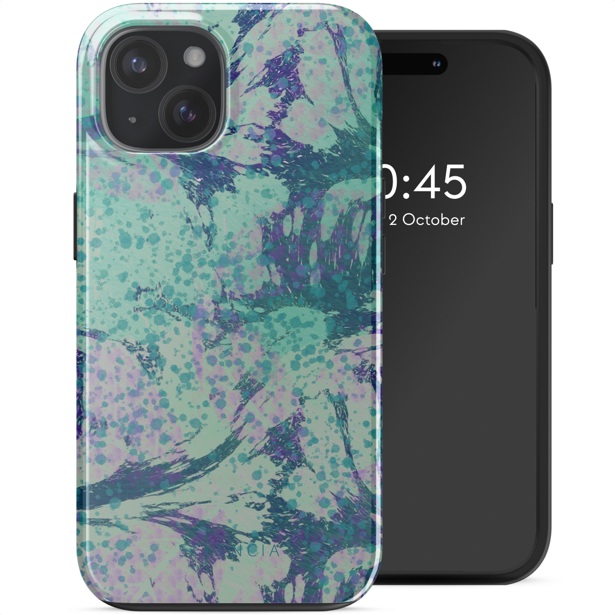 Telefoonhoesje met kleurrijk patroon naast zwarte telefoon met tijd en datum.