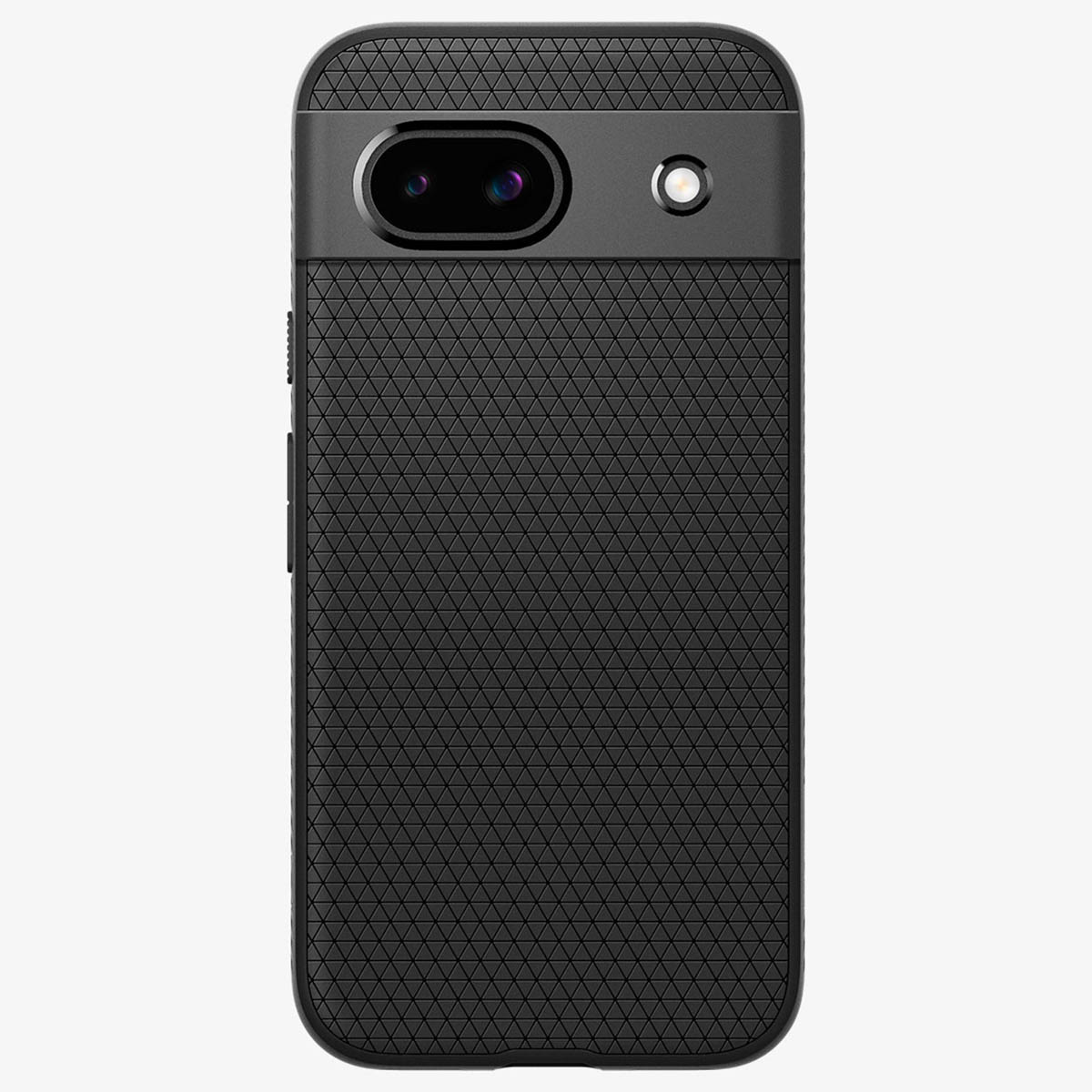 Custodia per telefono nera. Ha un motivo strutturato e un ritaglio per doppia fotocamera.