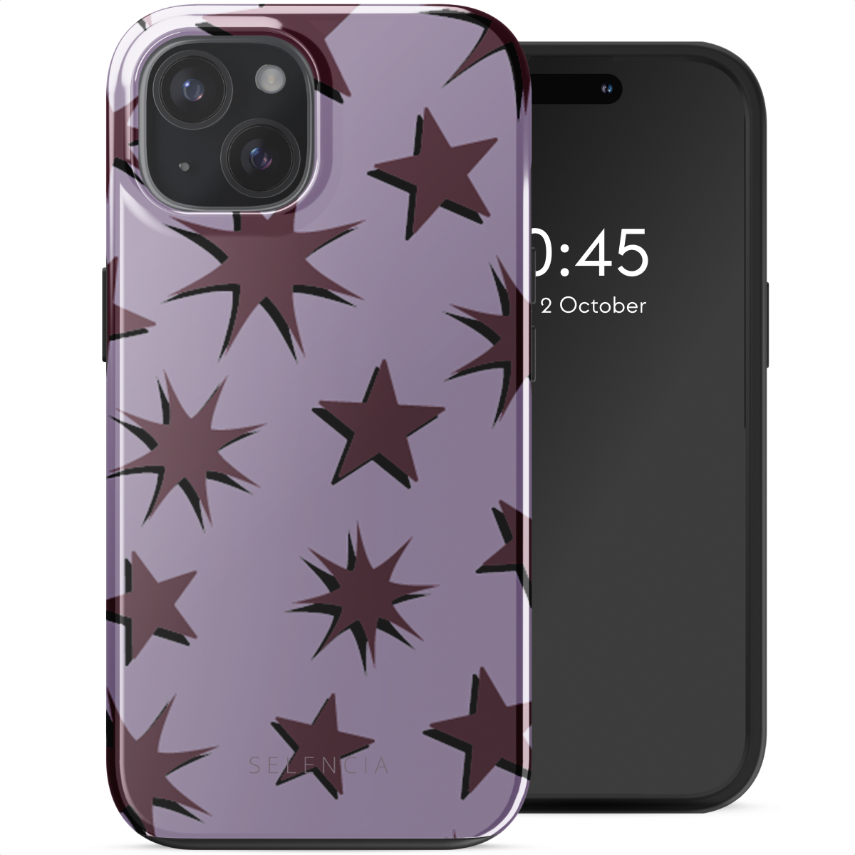 Telefoon in een hoesje met sterrenpatroon. Telefoon toont tijd en datum. Witte achtergrond.